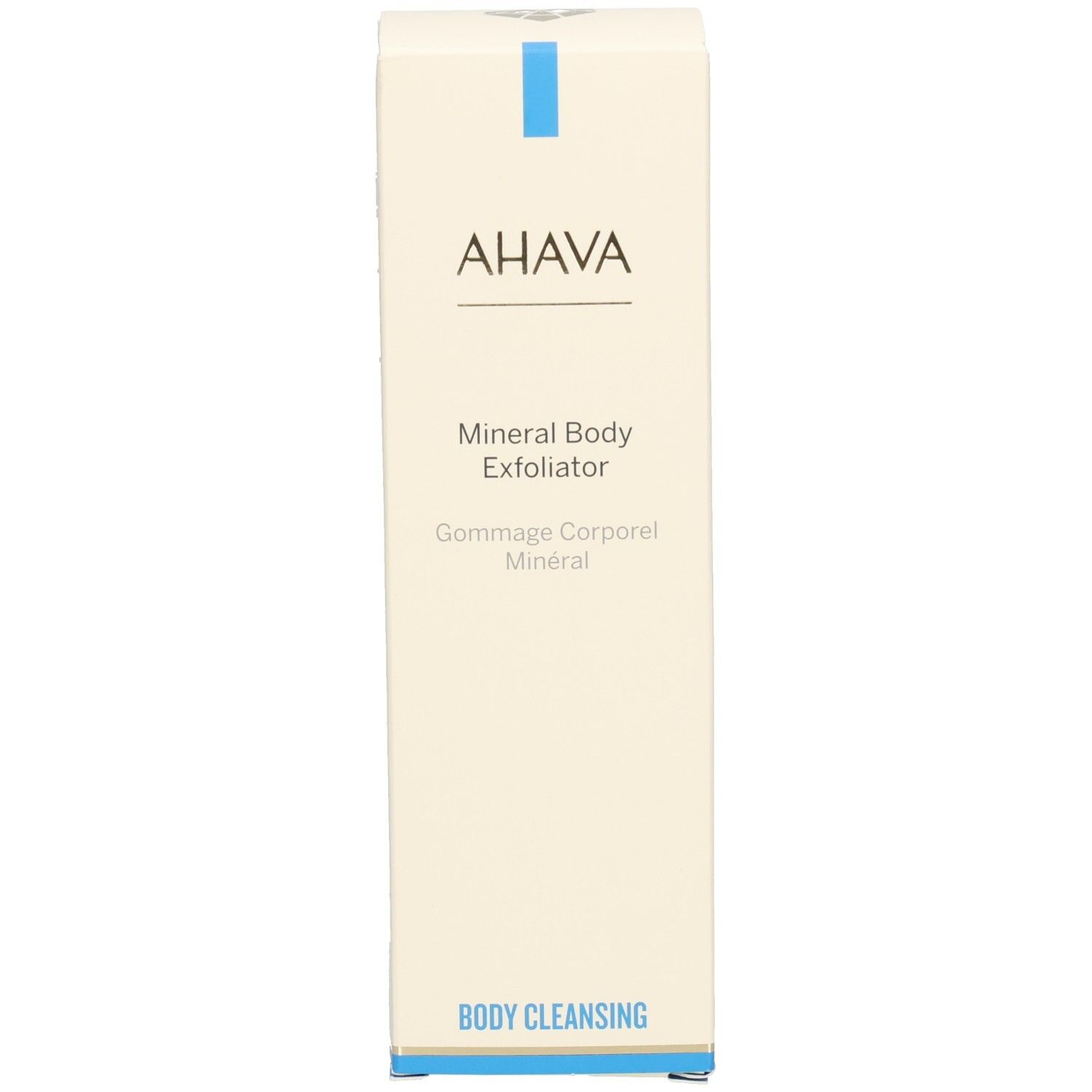 Boîte. Inscription : AHAVA, Mineral Body Exfoliator, Body Cleansing. Ligne bleue en haut et en bas.