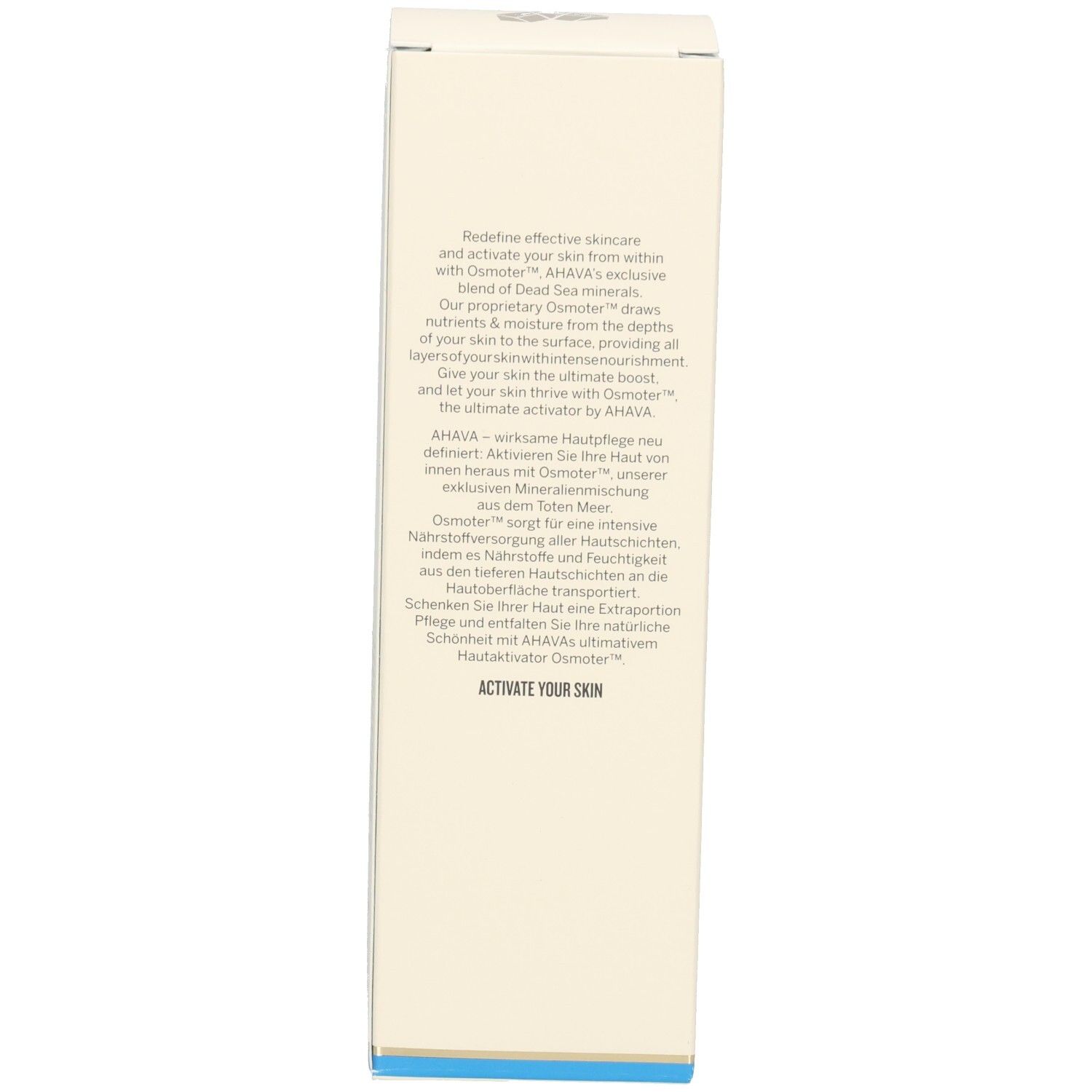 Boîte. Texte : description du produit en plusieurs langues. Ligne bleue en bas.