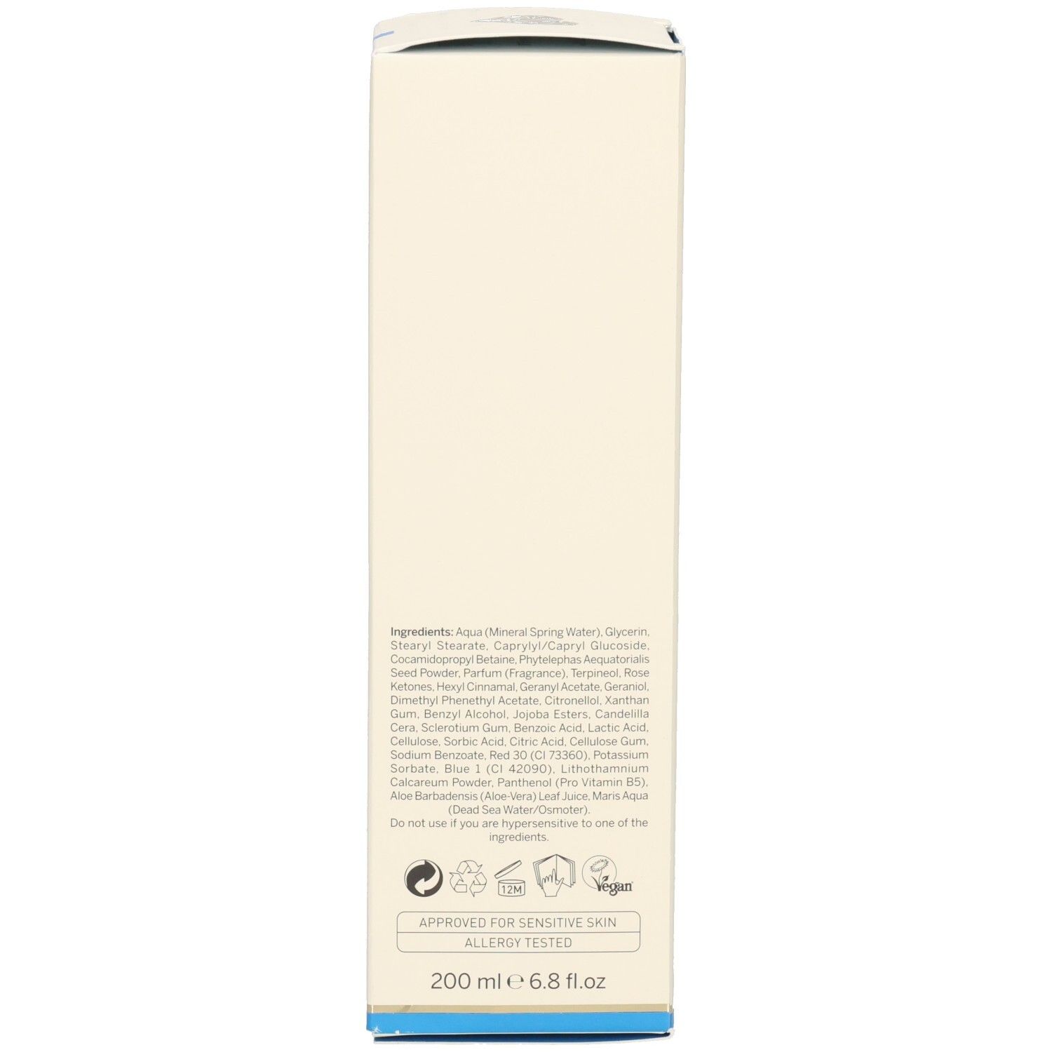 Boîte. Ingrédients, volume : 200 ml. Testé contre les allergies. Label végétalien. Ligne bleue en bas.