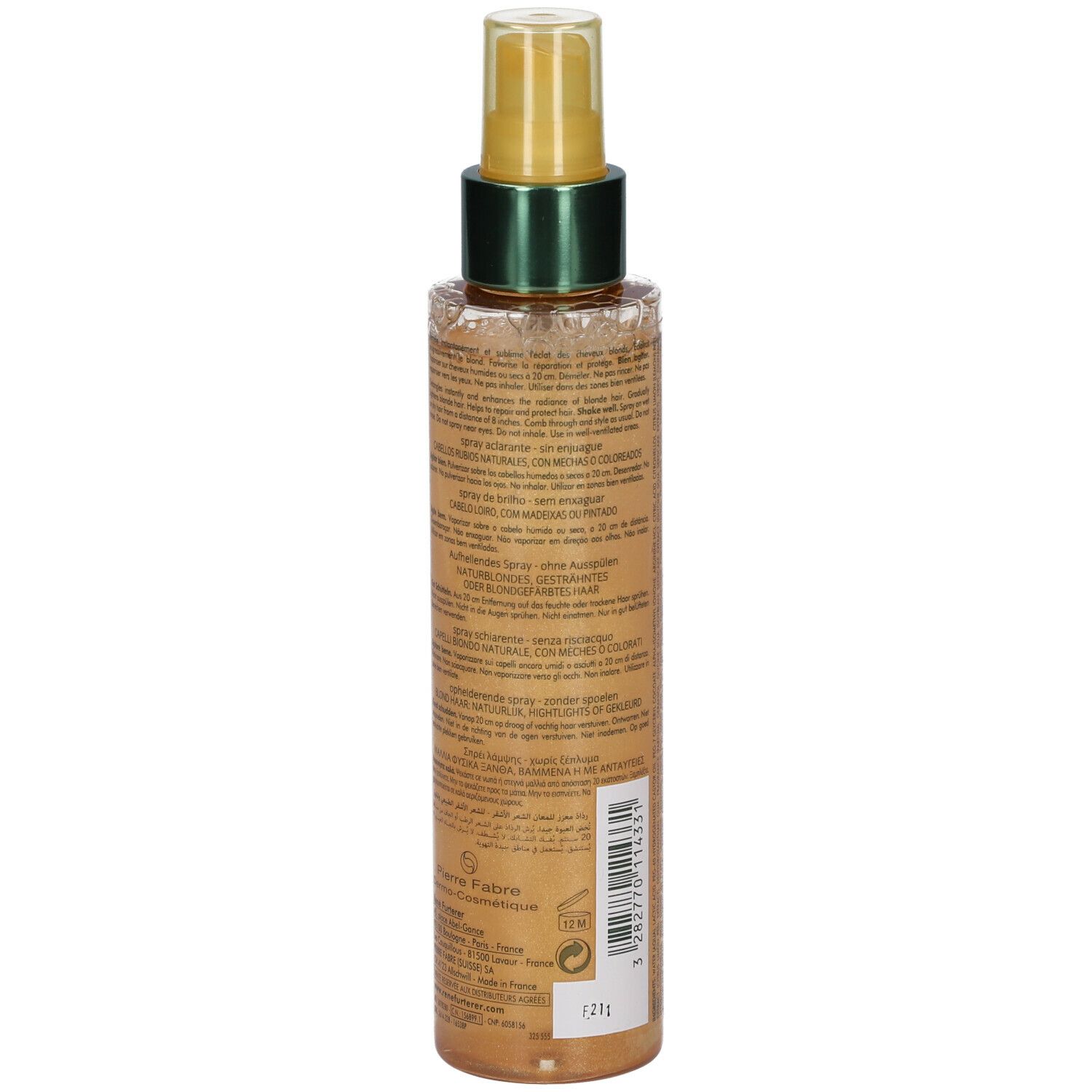 Dos du flacon spray doré. Inscriptions et texte en plusieurs langues.