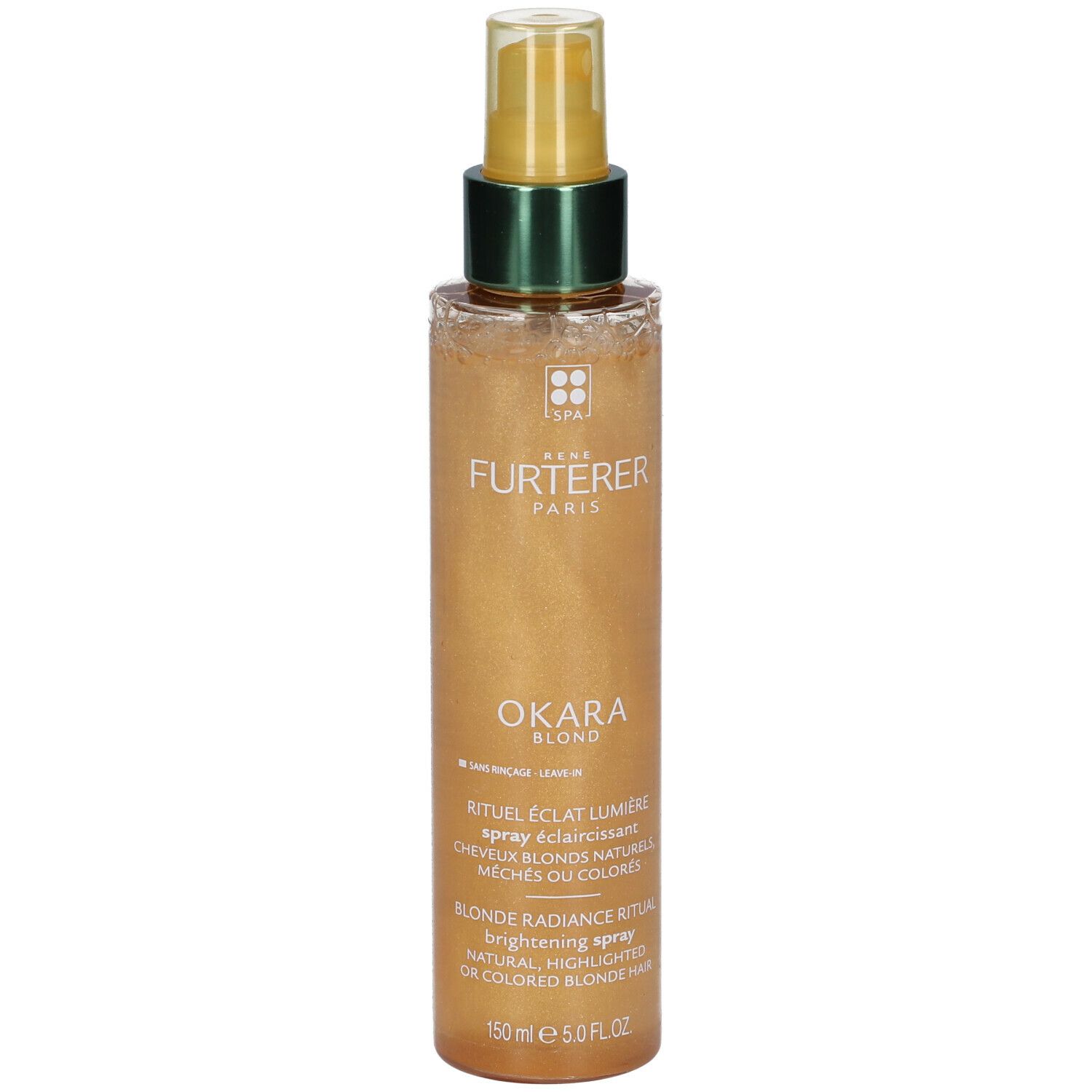 Flacon spray doré avec bague verte et tête transparente. Inscriptions: OKARA BLOND, FURTERER PARIS.