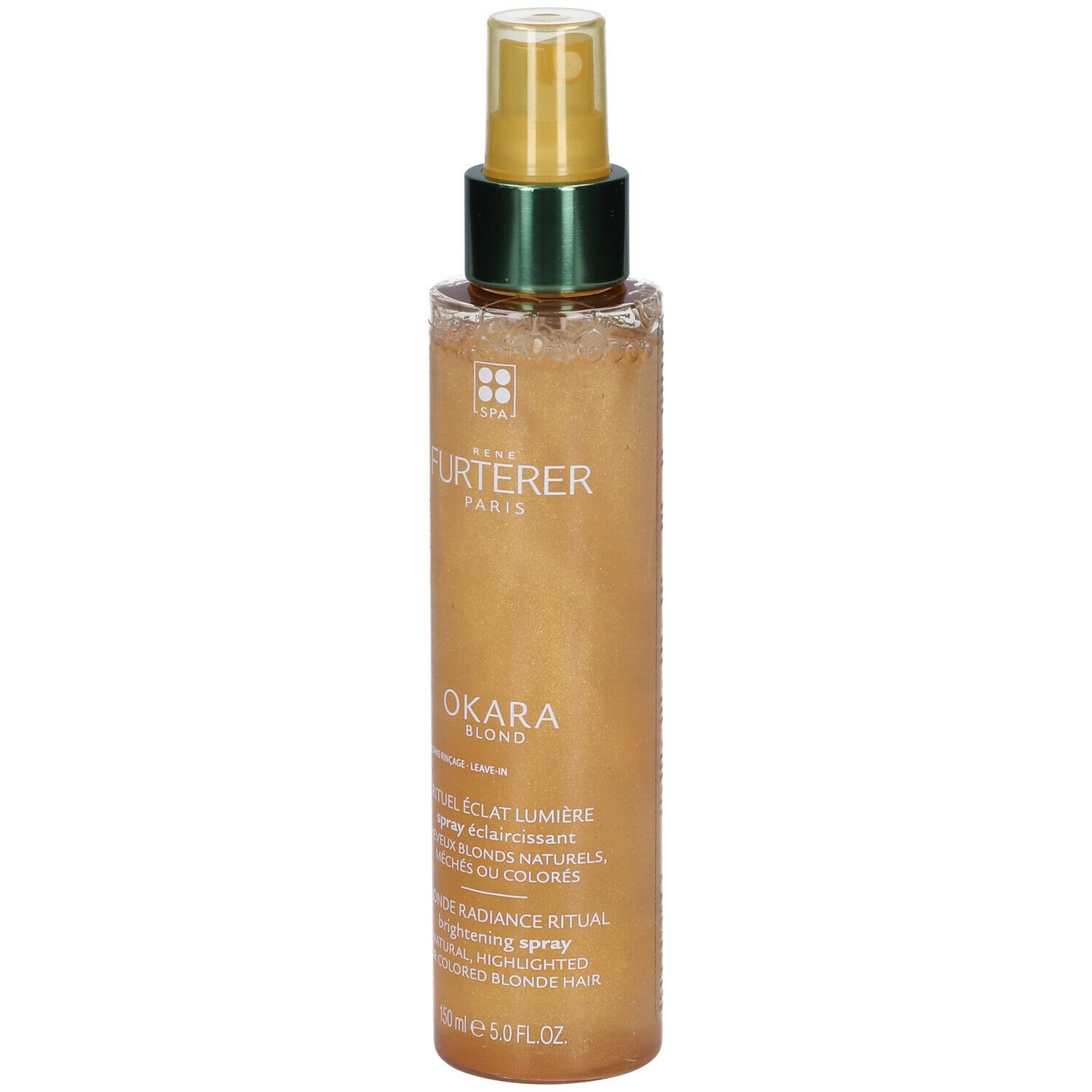 Flacon spray doré avec bague verte et tête transparente. Inscriptions: OKARA BLOND, FURTERER PARIS.