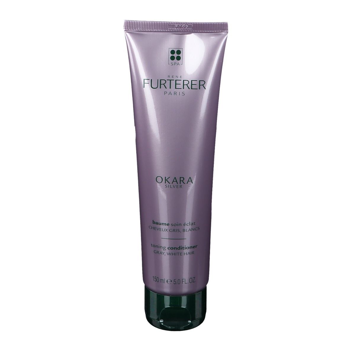 Tube violet avec bouchon vert. Inscription: René Furterer, Okara Silver, Toning Conditioner, 150 ml.
