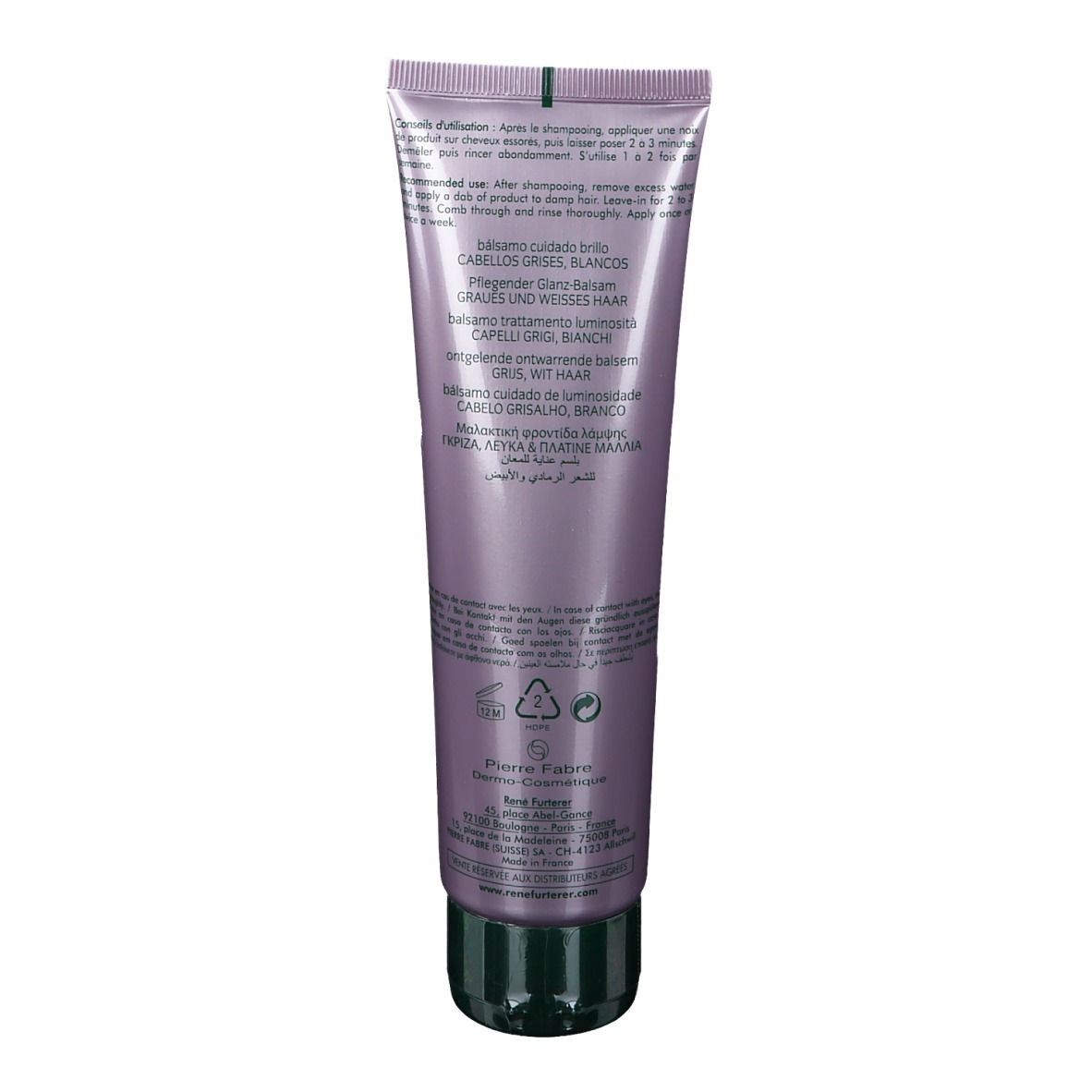 Dos d'un tube violet. Texte multilingue. Informations fabricant et symboles de recyclage.