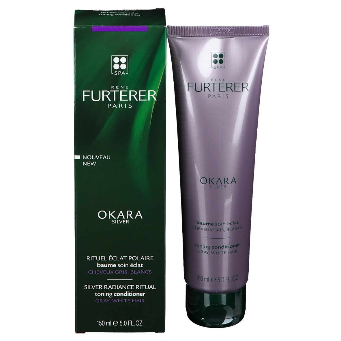 Emballage du produit: tube et boîte. Inscription: René Furterer, Okara Silver, Toning Conditioner, 150 ml.