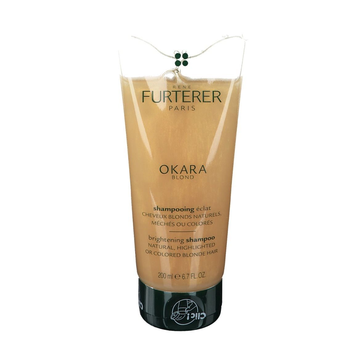 Tube de shampooing Rene Furterer Okara Blond. Tube doré avec bouchon noir. Texte: Okara Blond, shampooing éclat.