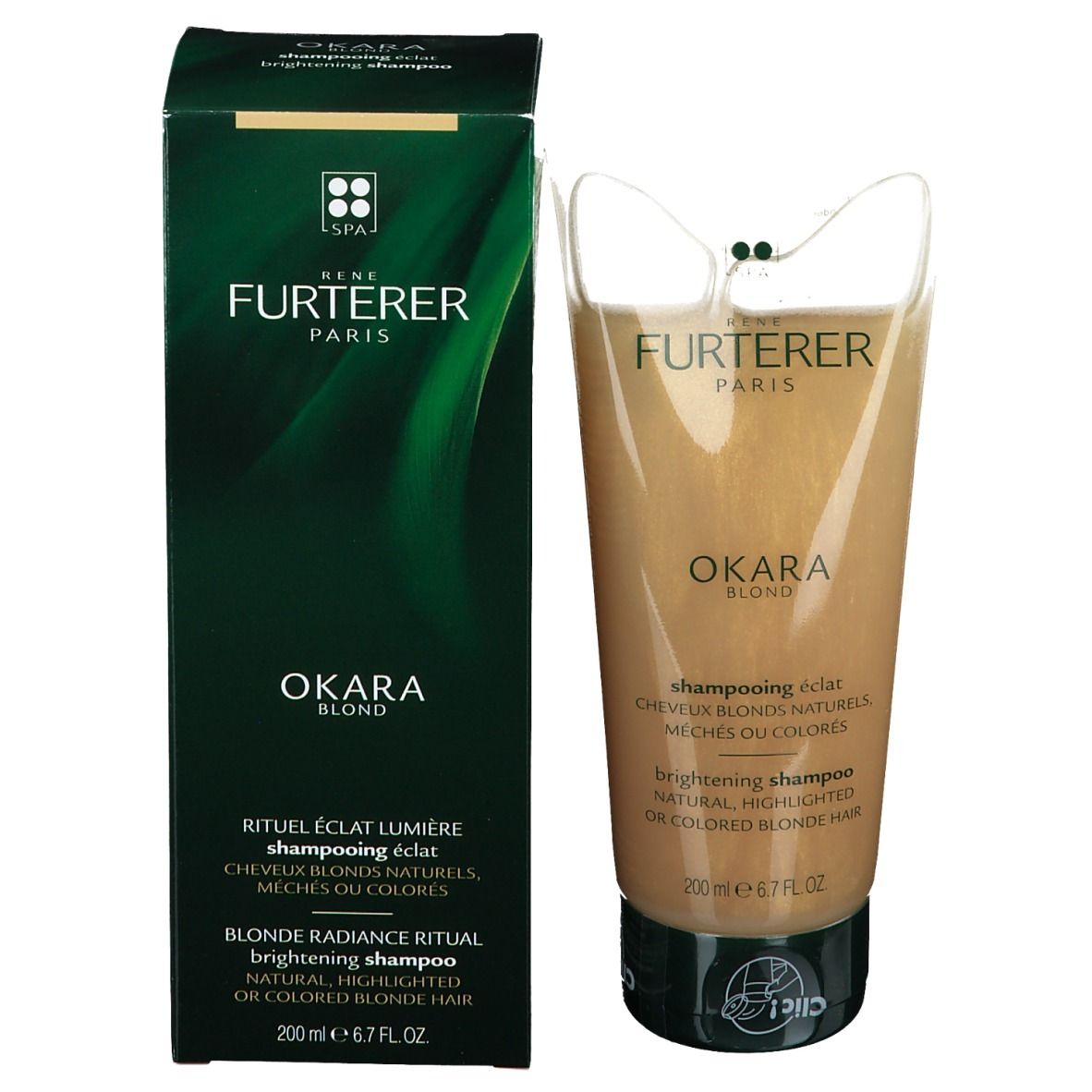 Rene Furterer Okara Blond shampooing et emballage. Emballage vert et tube doré. Texte: Okara Blond, shampooing éclat.