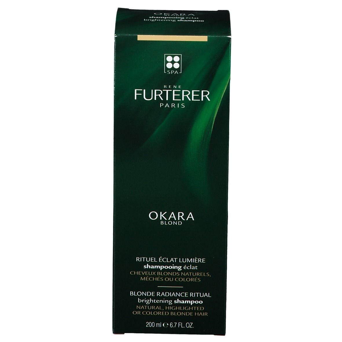 Emballage vert pour shampooing Rene Furterer Okara Blond. Texte: Okara Blond, Rituel éclat lumière, shampooing éclat.