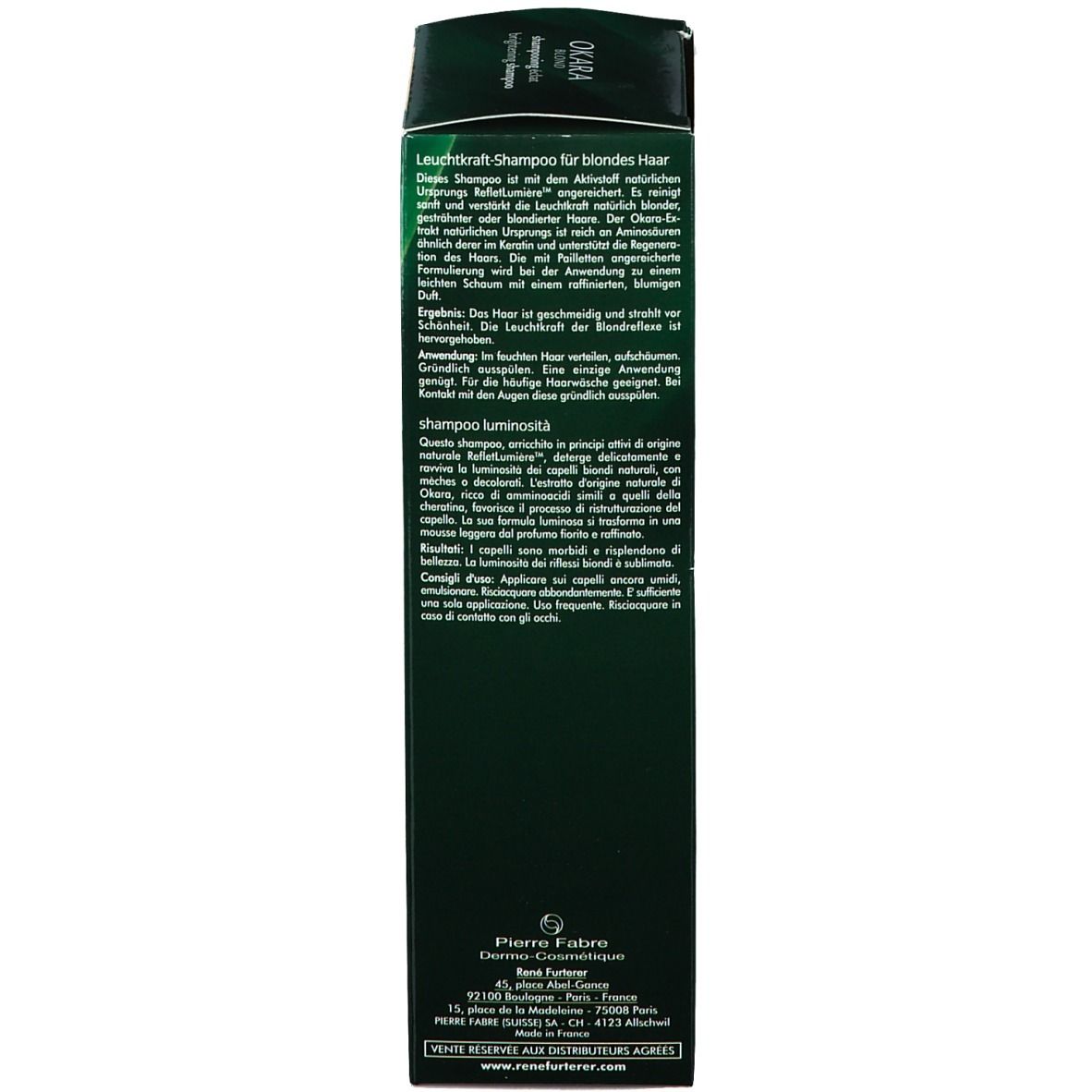 Dos de l'emballage. Texte: shampooing éclat pour cheveux blonds. Informations multilingues.