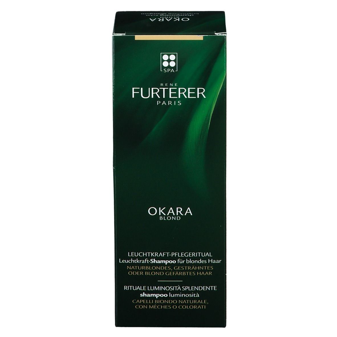 Emballage vert pour shampooing Rene Furterer Okara Blond. Texte: Okara Blond, Rituel luminosité, shampooing.