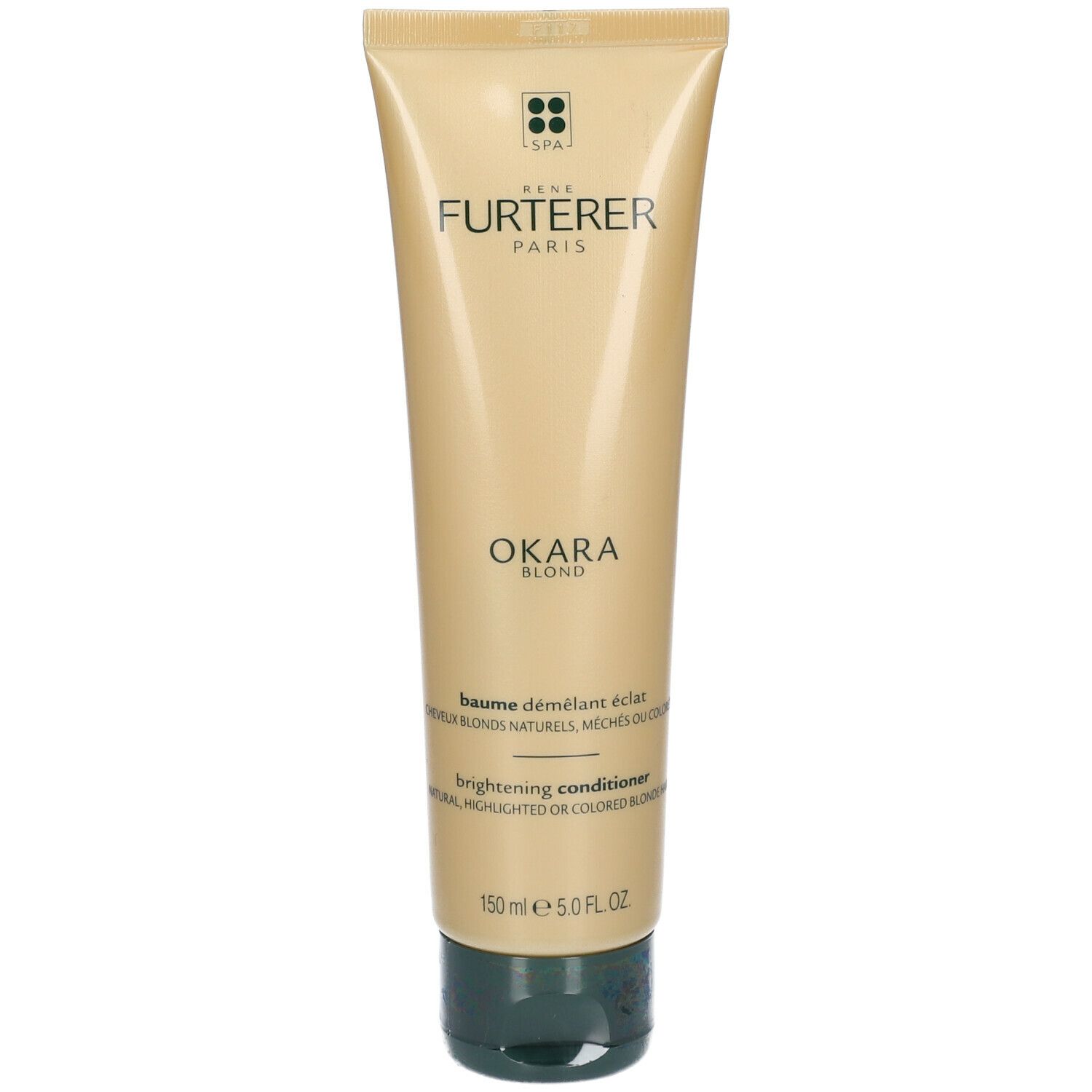Tube beige avec bouchon vert. Inscription : FURTERER PARIS, OKARA BLOND. Nom et description du produit. Volume.