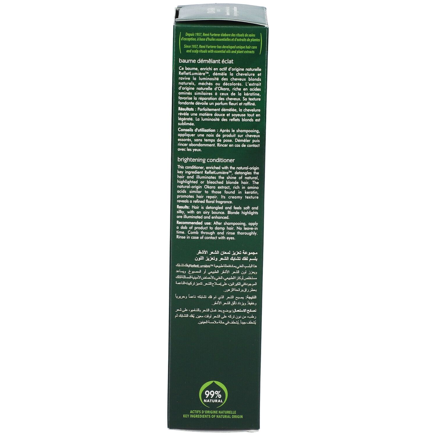 Dos de l'emballage vert. Texte en plusieurs langues. Informations fabricant et logo.