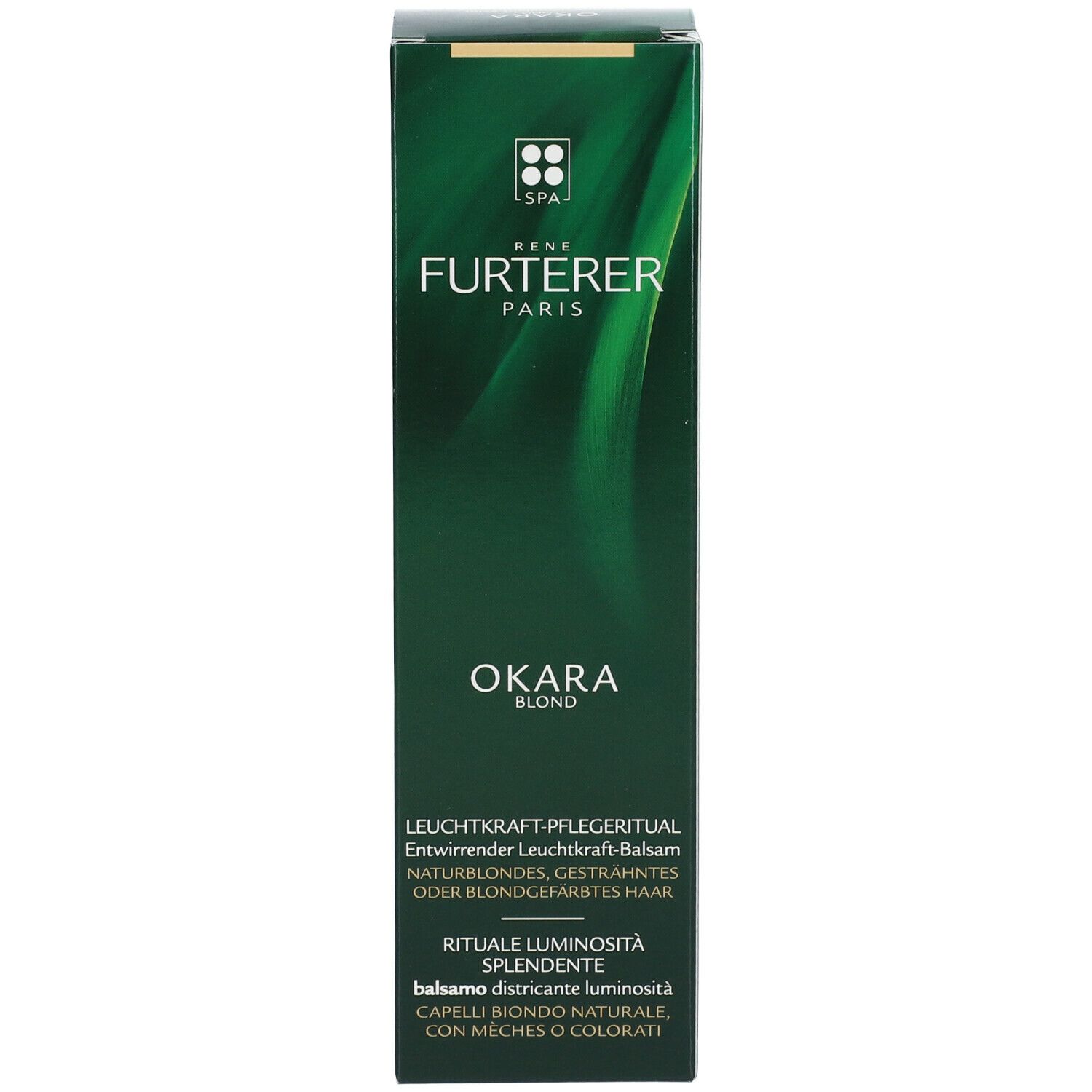 Emballage vert. Inscription : FURTERER PARIS, OKARA BLOND. Nom et description du produit.