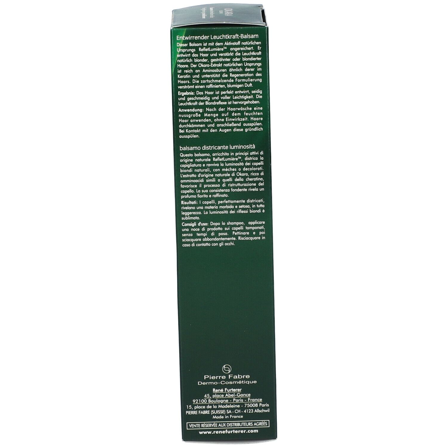 Dos de l'emballage vert. Texte en plusieurs langues. Informations fabricant.