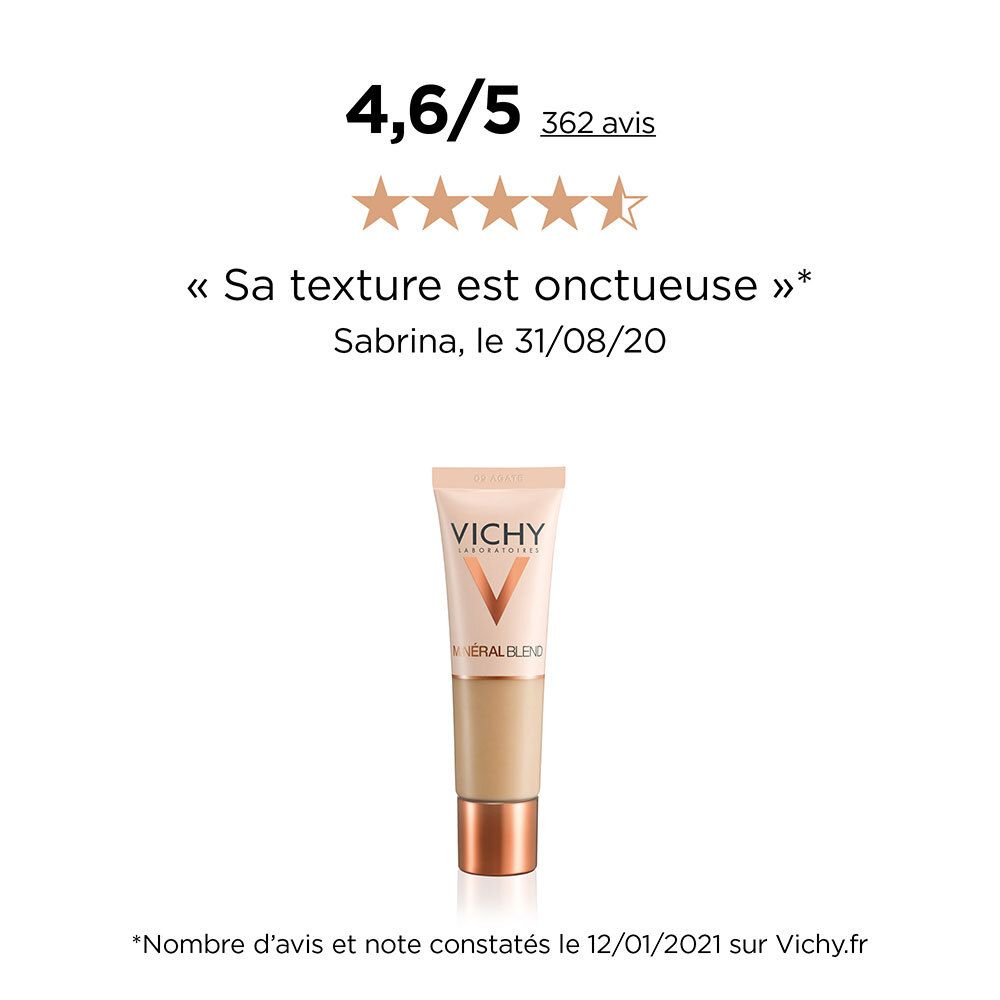 Tube de fond de teint avec avis. Logo Vichy et Mineralblend. Teinte 12 SIENNA.