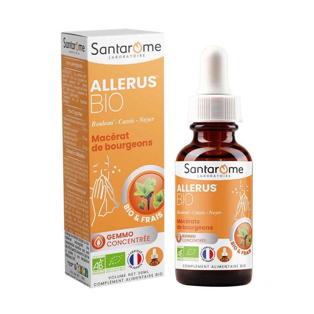 Santarome Bio Allerus Bio Macérat de bourgeons. Flacon et emballage. Emballage orange avec nom et logo du produit.