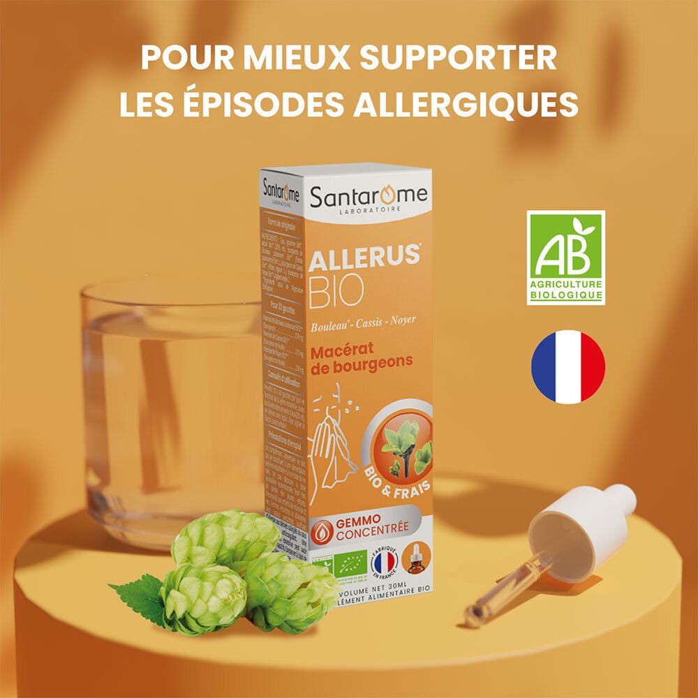 Santarome Bio Allerus Bio Macérat de bourgeons. Flacon, verre d'eau, bourgeons. Produit sur fond jaune.