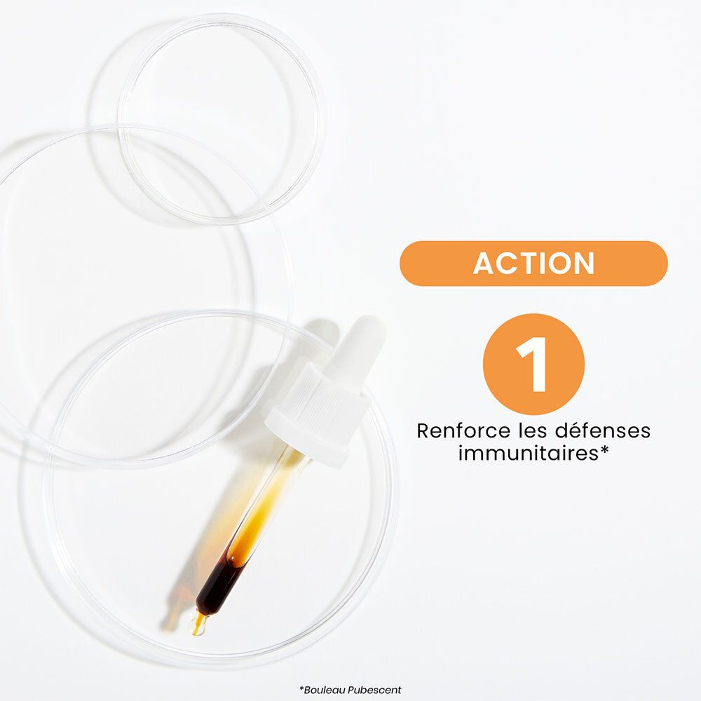 Pipette avec liquide dans une boîte de Pétri. Texte : Action 1. Renforce les défenses immunitaires.