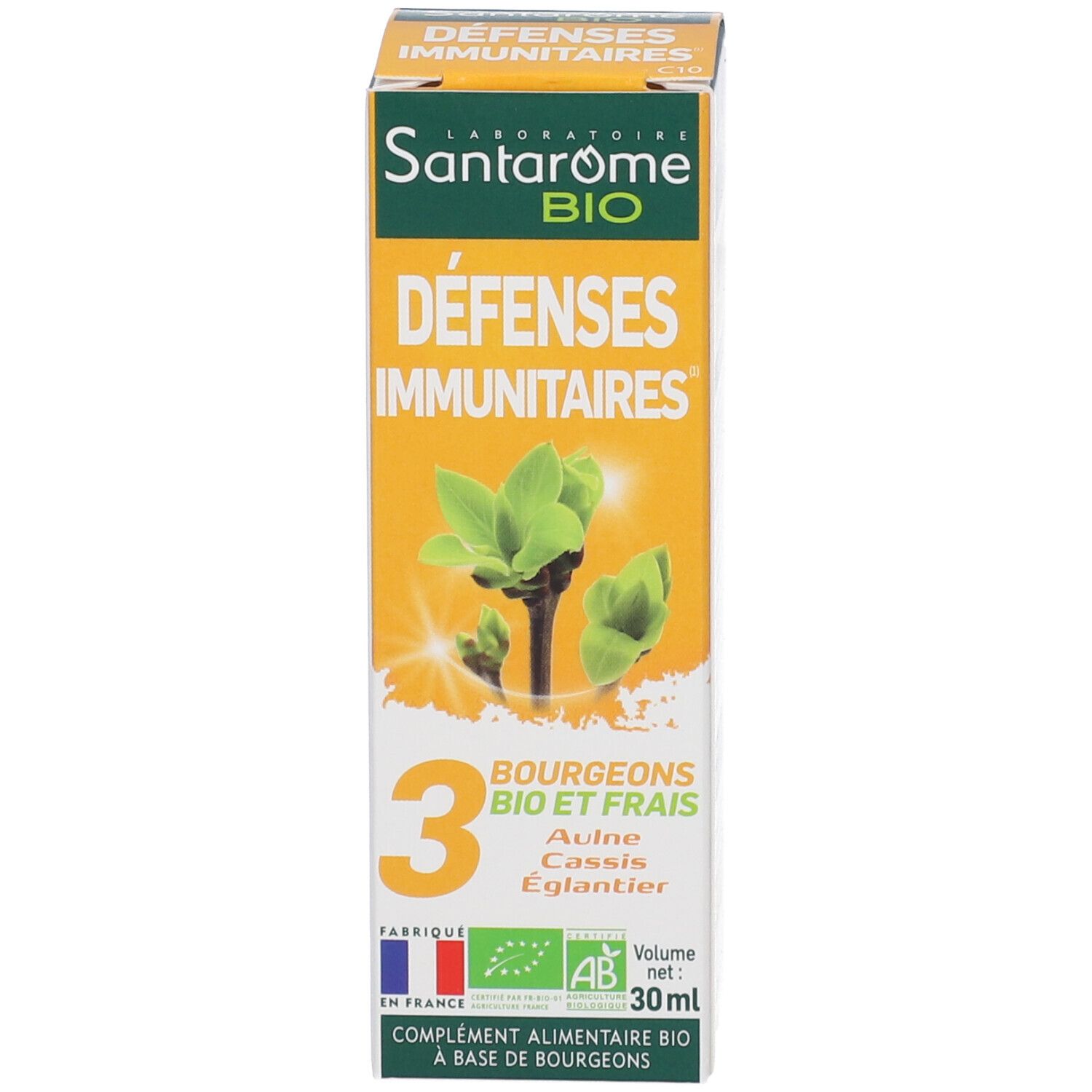 Emballage du produit avec flacon et boîte. Inscription: Santarome BIO, Défenses Immunitaires, 3 Bourgeons. Volume: 30 ml.