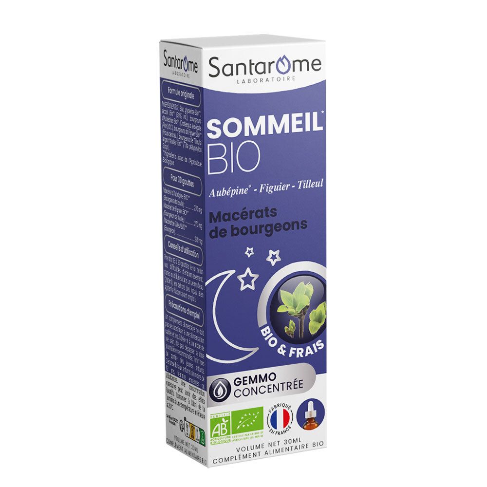 Flacon brun avec pipette et boîte. Inscription: Santarome Bio Sommeil. Certification bio.