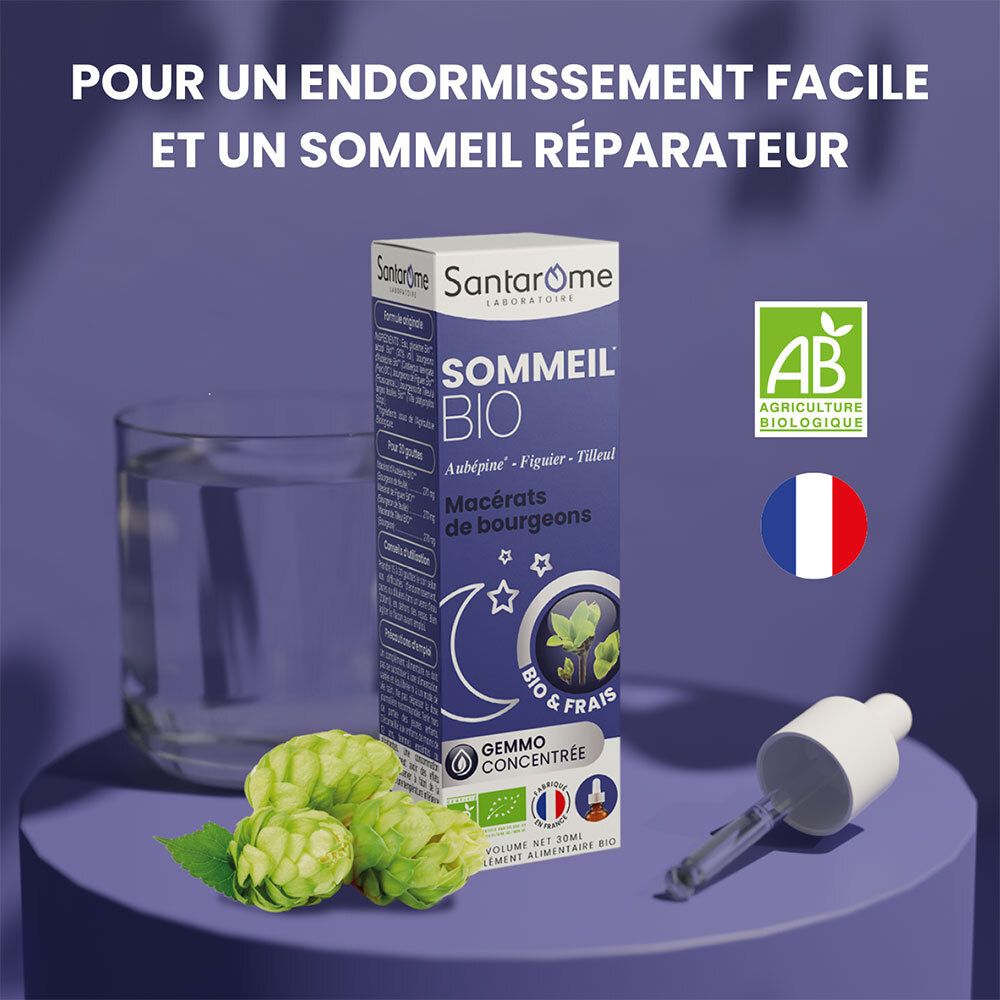 Flacon et boîte sur pierre. Texte: Pour un endormissement facile. Certification bio, Vegan.