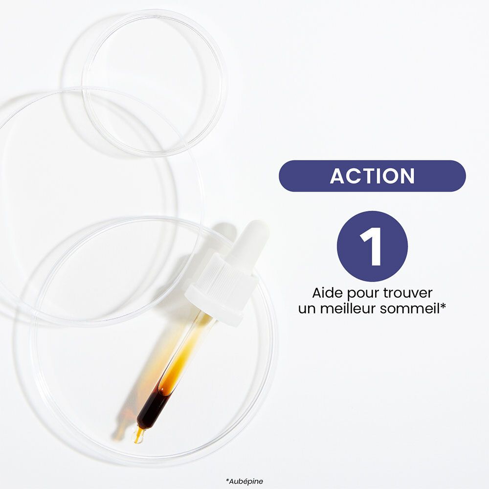 Main avec pipette au-dessus d'un verre. 3 actions: Réduit nervosité, augmente sommeil, facilite endormissement.