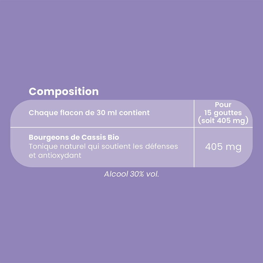 Texte sur fond violet. Texte: Bourgeons de Cassis Bio. 405 mg. Alcool 30% vol.