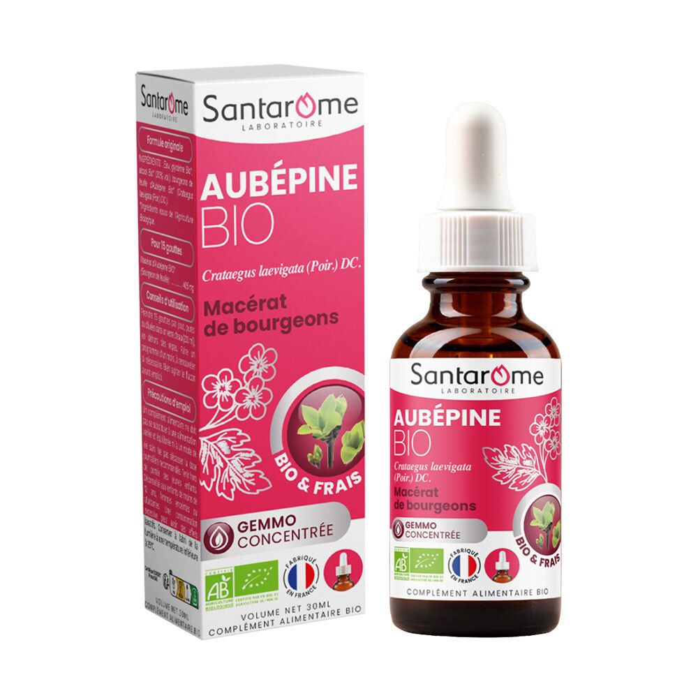 Flacon en verre brun avec pipette et emballage rouge. Inscription : Aubépine Bio. Avec label AB et drapeau français.