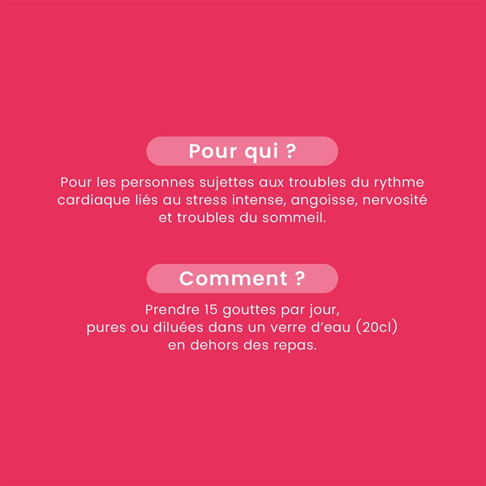 Texte sur fond rose. Informations d'utilisation : 15 gouttes par jour dans l'eau. Pour les personnes stressées.