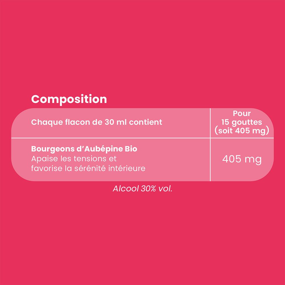 Texte sur fond rose. Composition : flacon de 30 ml contient Aubépine Bio. 405 mg.