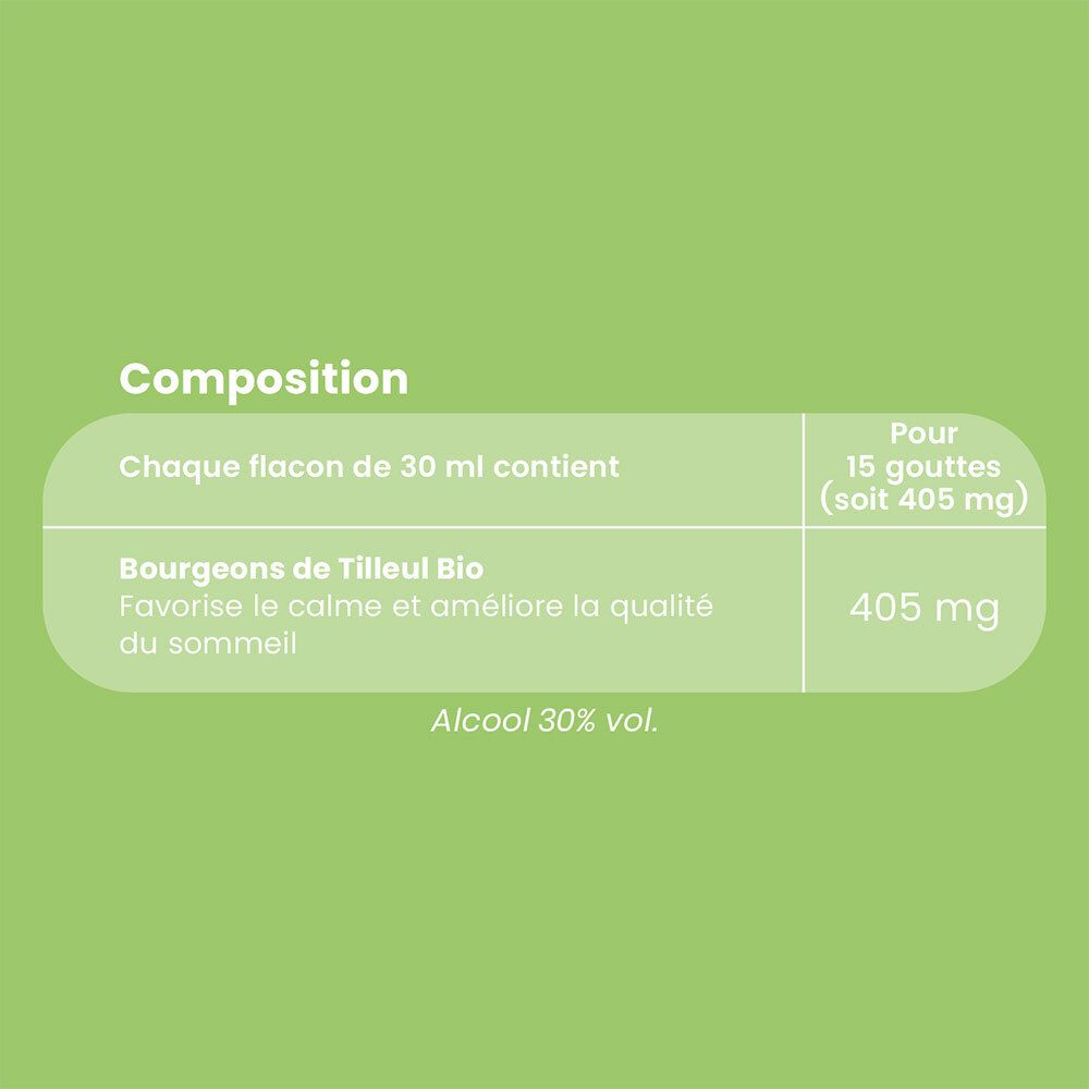 Fond vert avec texte. Composition. Flacon de 30 ml. 405 mg de bourgeons de tilleul.