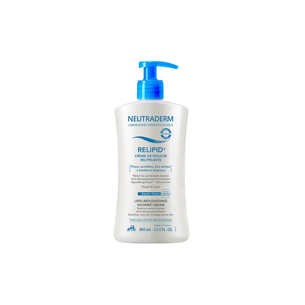 Flacon blanc avec pompe bleue. Inscription: NEUTRADERM, RELIPID+ Crème de Douche Relipidante. Pour peaux sensibles, très sèches. 400 ml.
