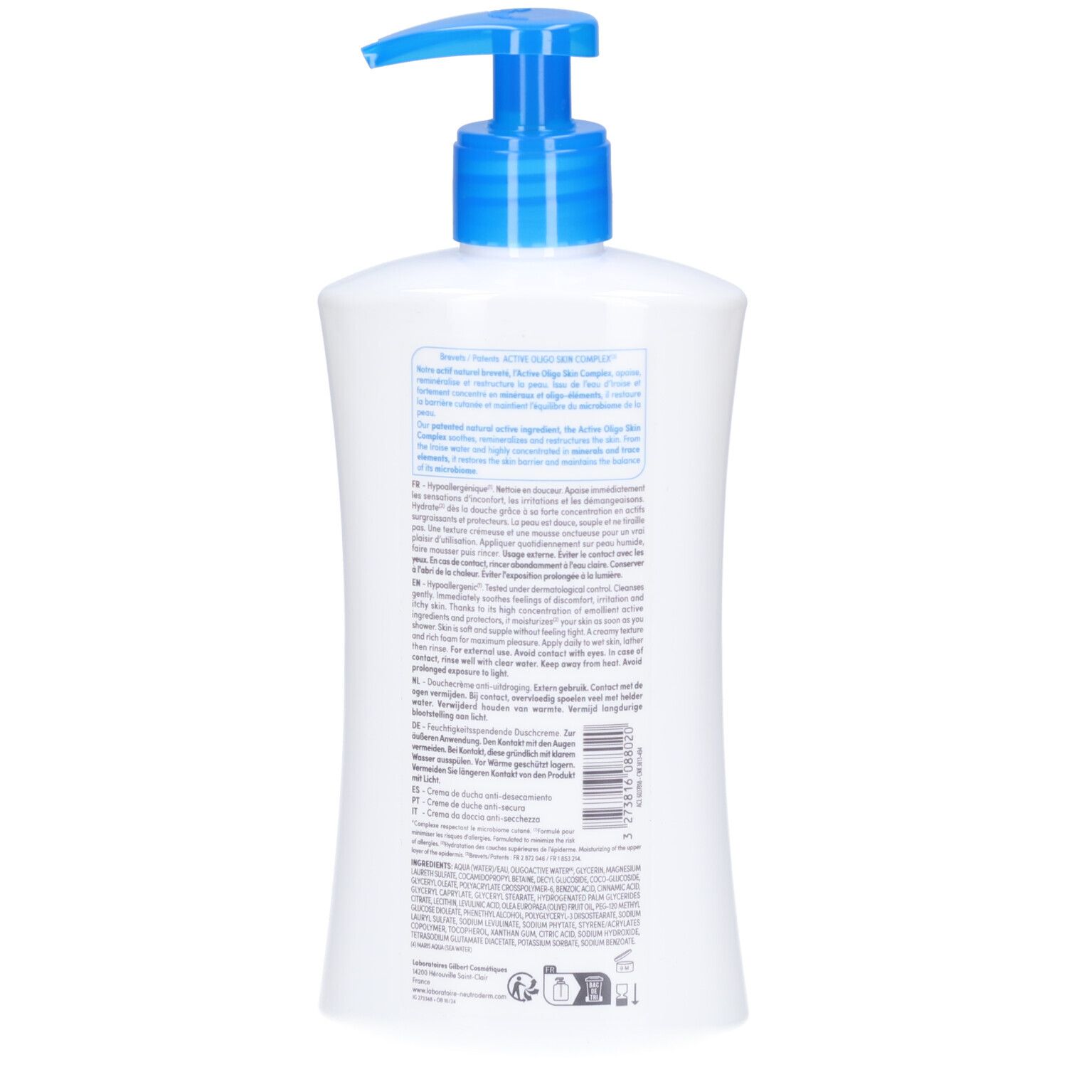 Flacon blanc avec pompe bleue. Texte au dos. Produit pour les soins de la peau.
