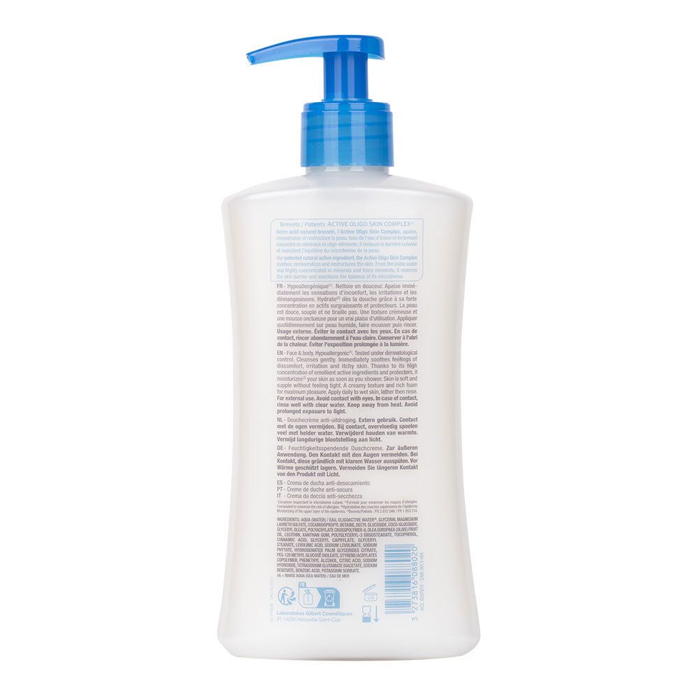 Dos d'un flacon blanc avec pompe bleue. Texte multilingue. Informations sur le produit et les ingrédients.