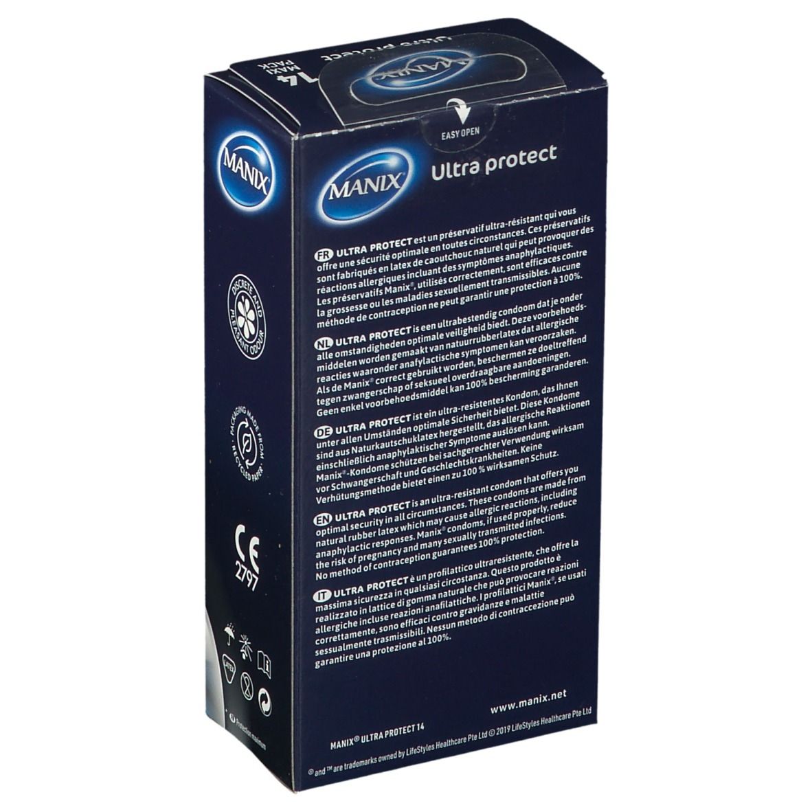 Dos de l'emballage de préservatifs MANIX Ultra protect. Texte multilingue, marquage CE.