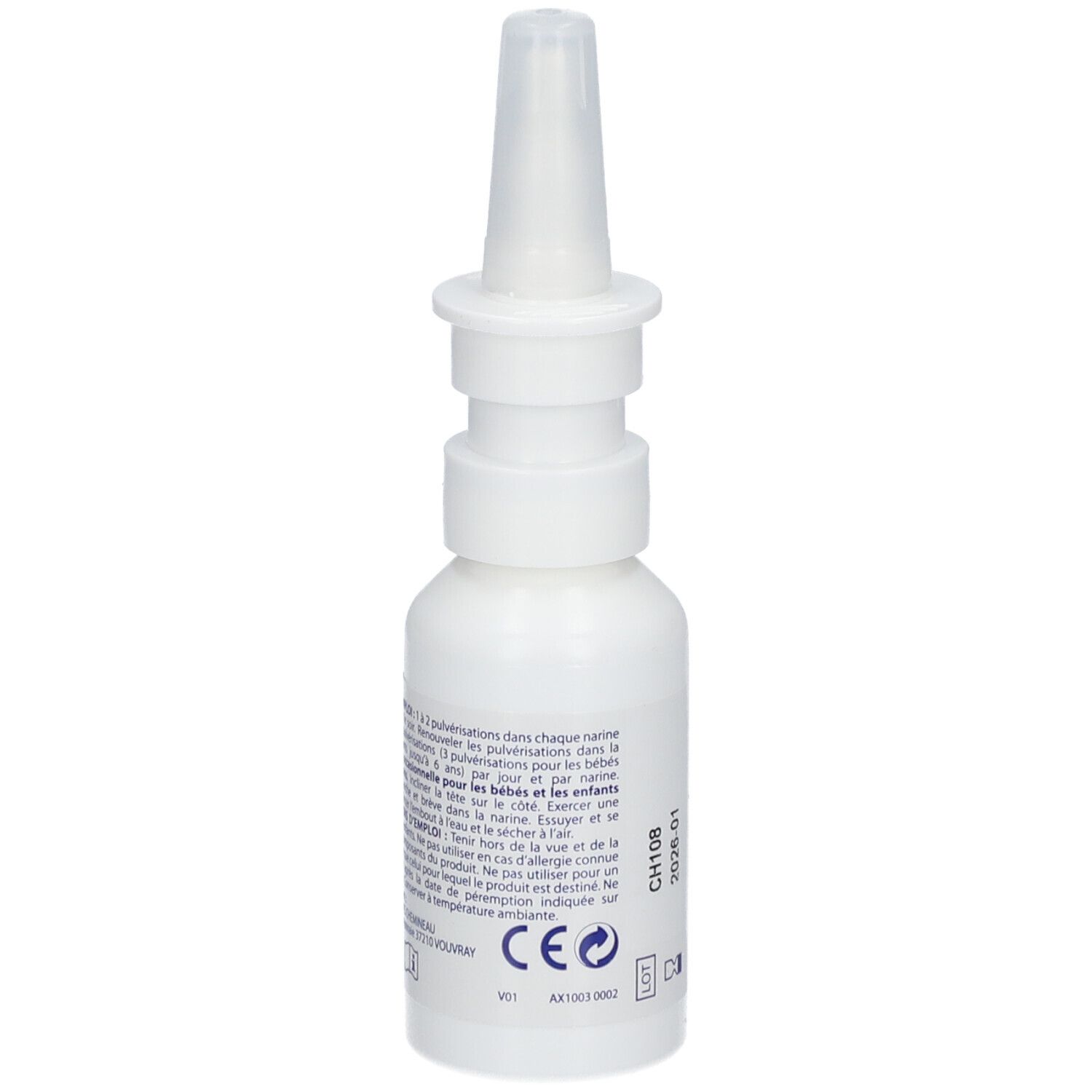 Flacon de spray nasal blanc avec embout. Dos avec texte et marquage CE. Marque Cooper.