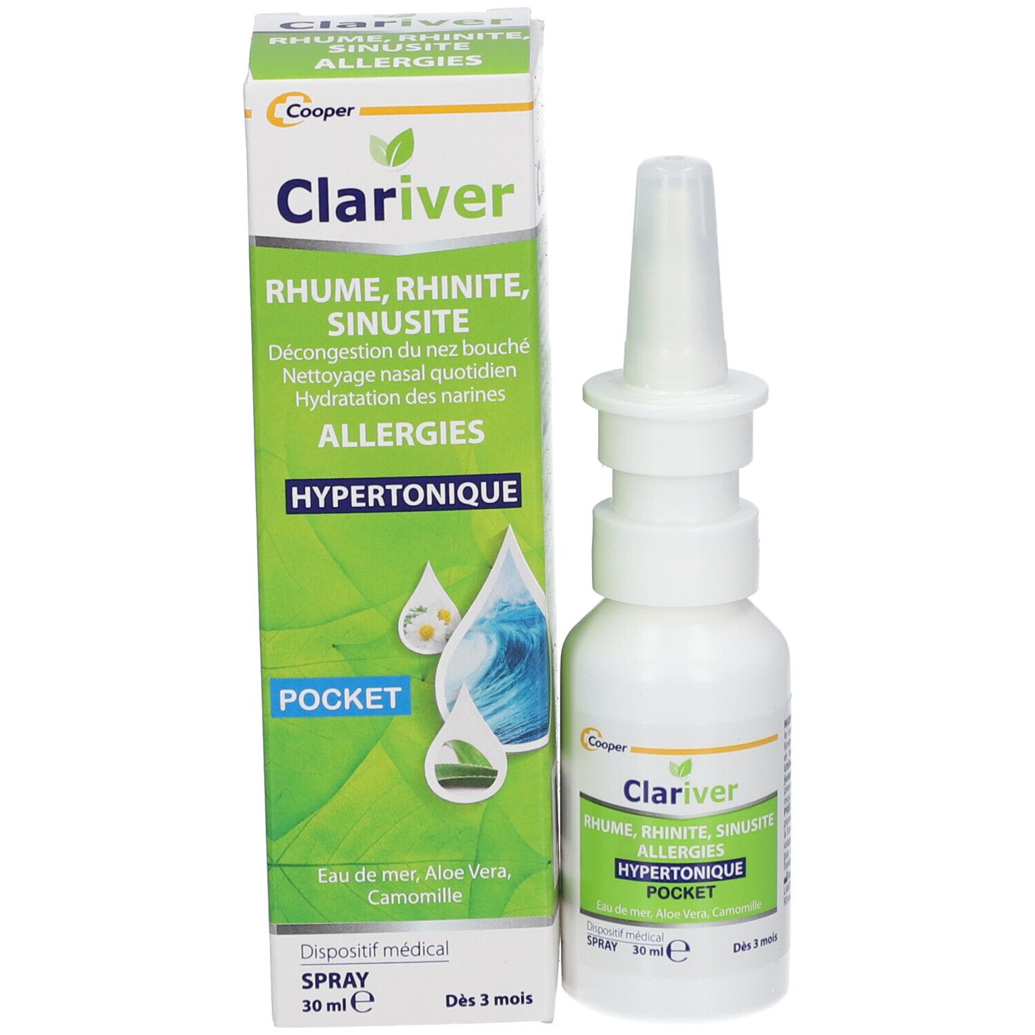Flacon de spray nasal et emballage. Emballage avec nom et description du produit. Marque Cooper.