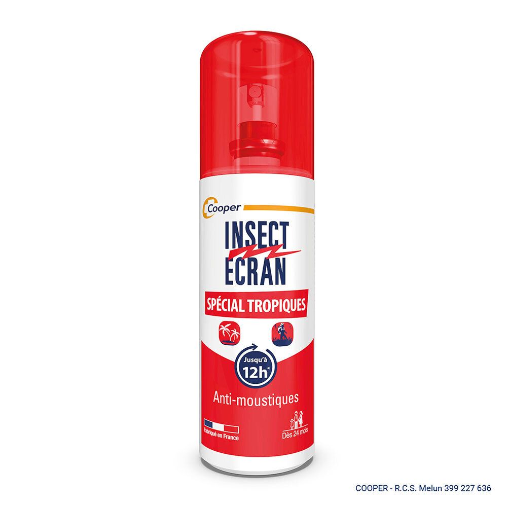 Spray anti-moustiques blanc avec bouchon rouge. Inscription : « INSECT ÉCRAN SPÉCIAL TROPIQUES » et logo.