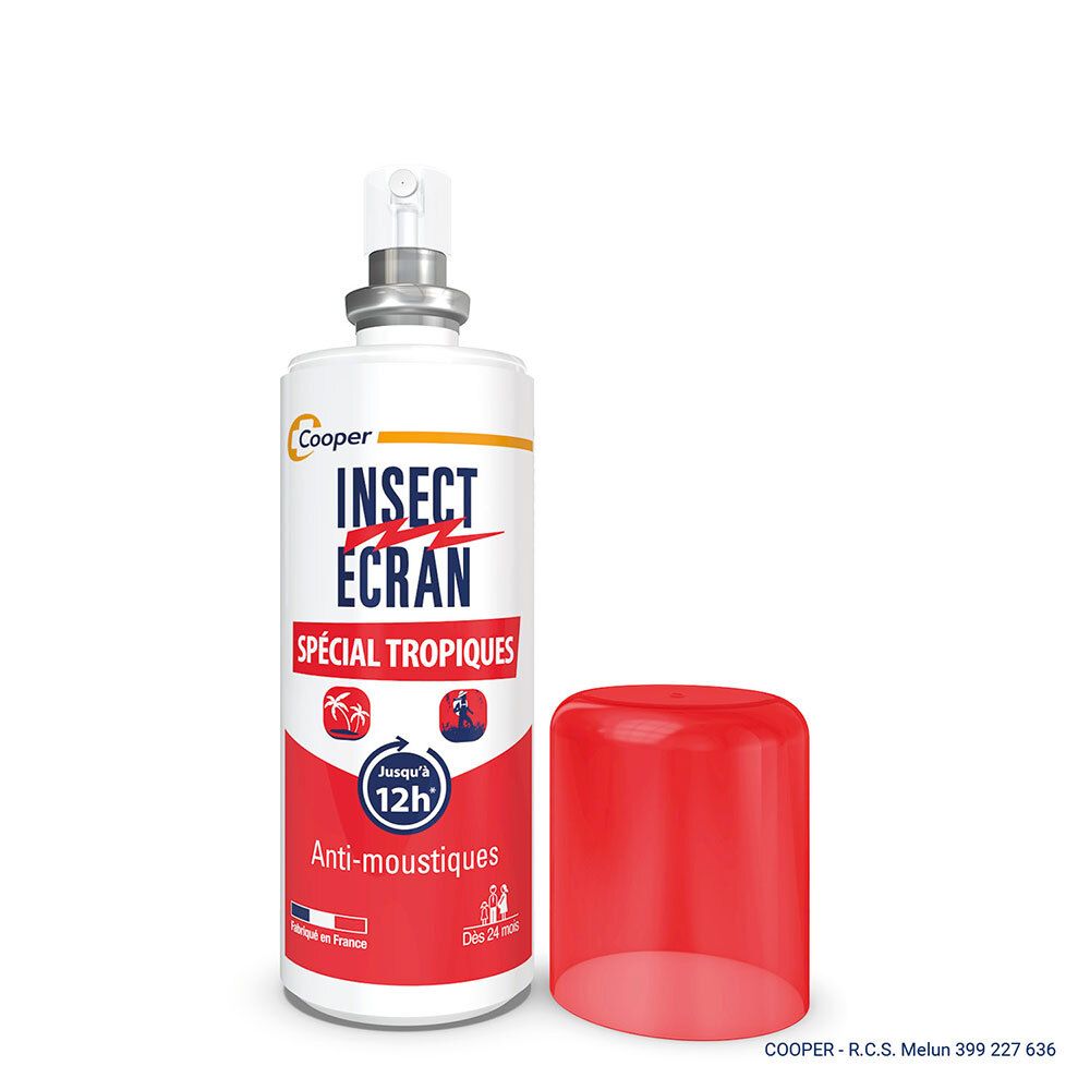Spray anti-moustiques blanc avec bouchon rouge à côté. Inscription : « INSECT ÉCRAN SPÉCIAL TROPIQUES » et logo.