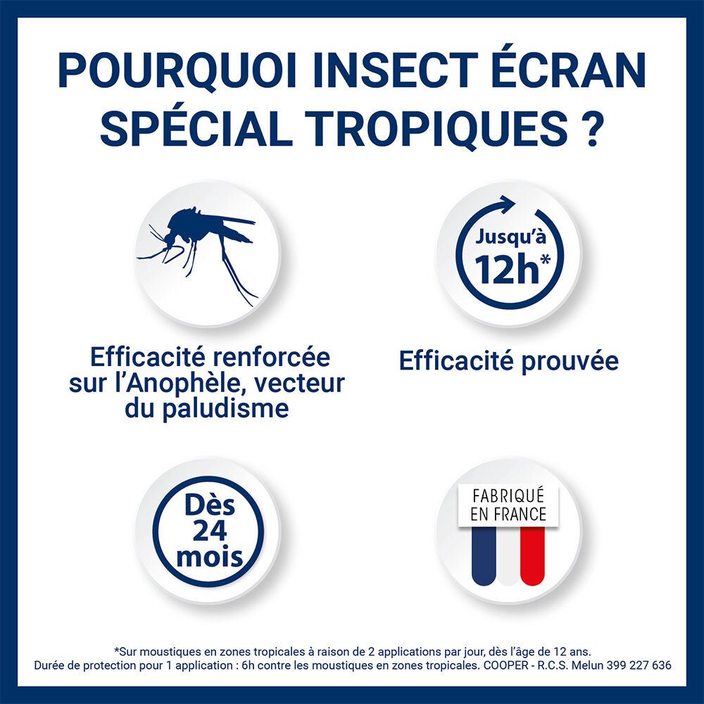 Infographie avec questions et réponses sur la protection contre les insectes. Logos et texte : « POURQUOI INSECT ÉCRAN SPÉCIAL TROPIQUES ? »