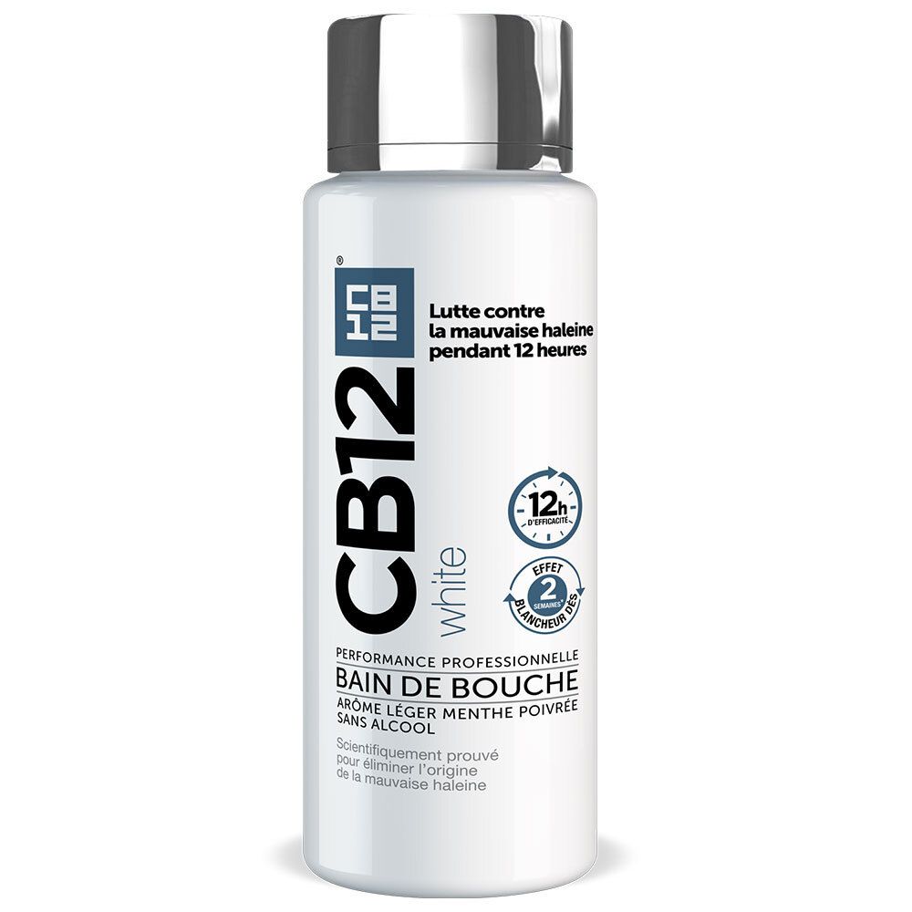 CB12 -White - Bain de bouche - Des dents plus blanches et 12 heures d’haleine fraîche - Sans alcool - Arôme léger de menthe poivrée - 250 ml