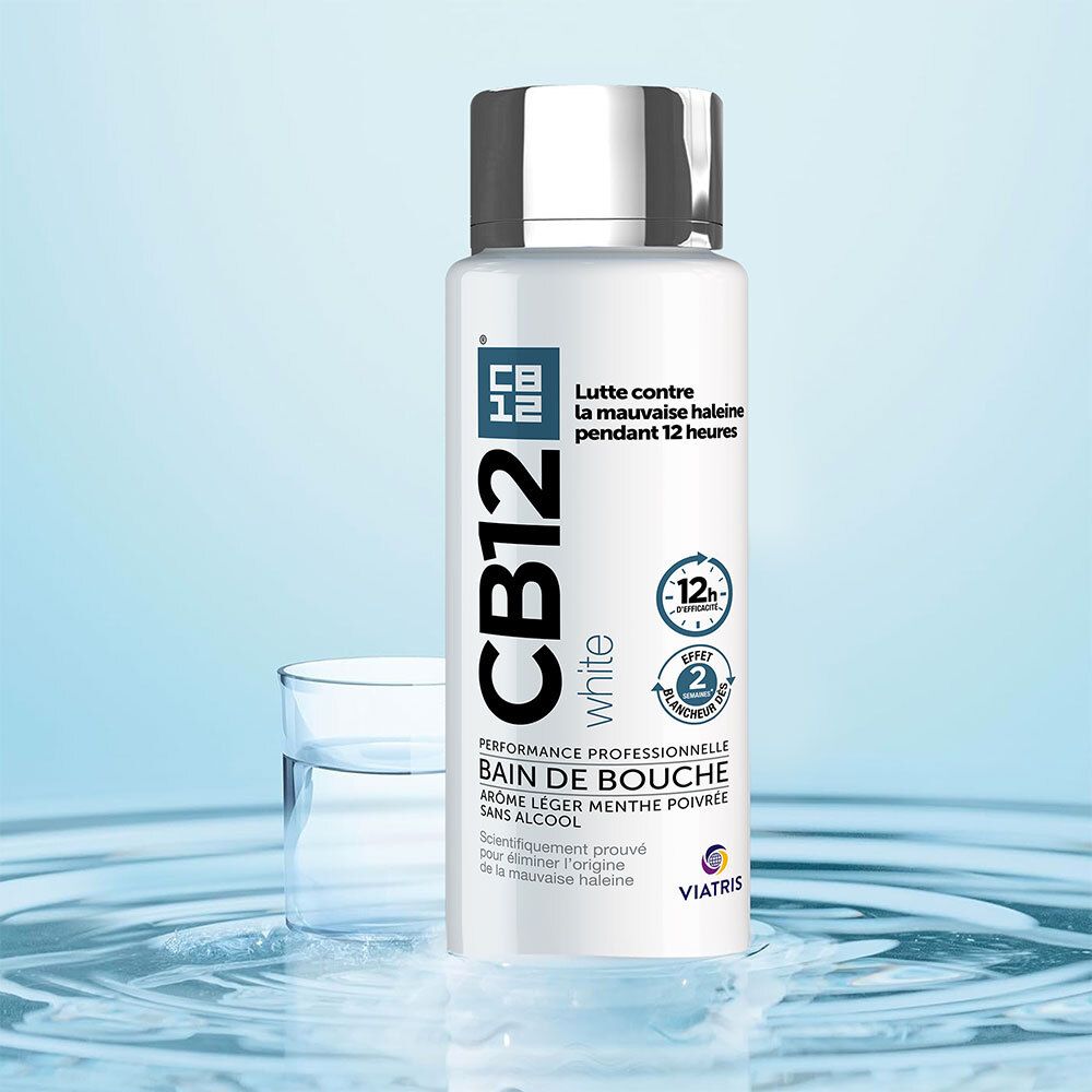 CB12 -White - Bain de bouche - Des dents plus blanches et 12 heures d’haleine fraîche - Sans alcool - Arôme léger de menthe poivrée - 250 ml