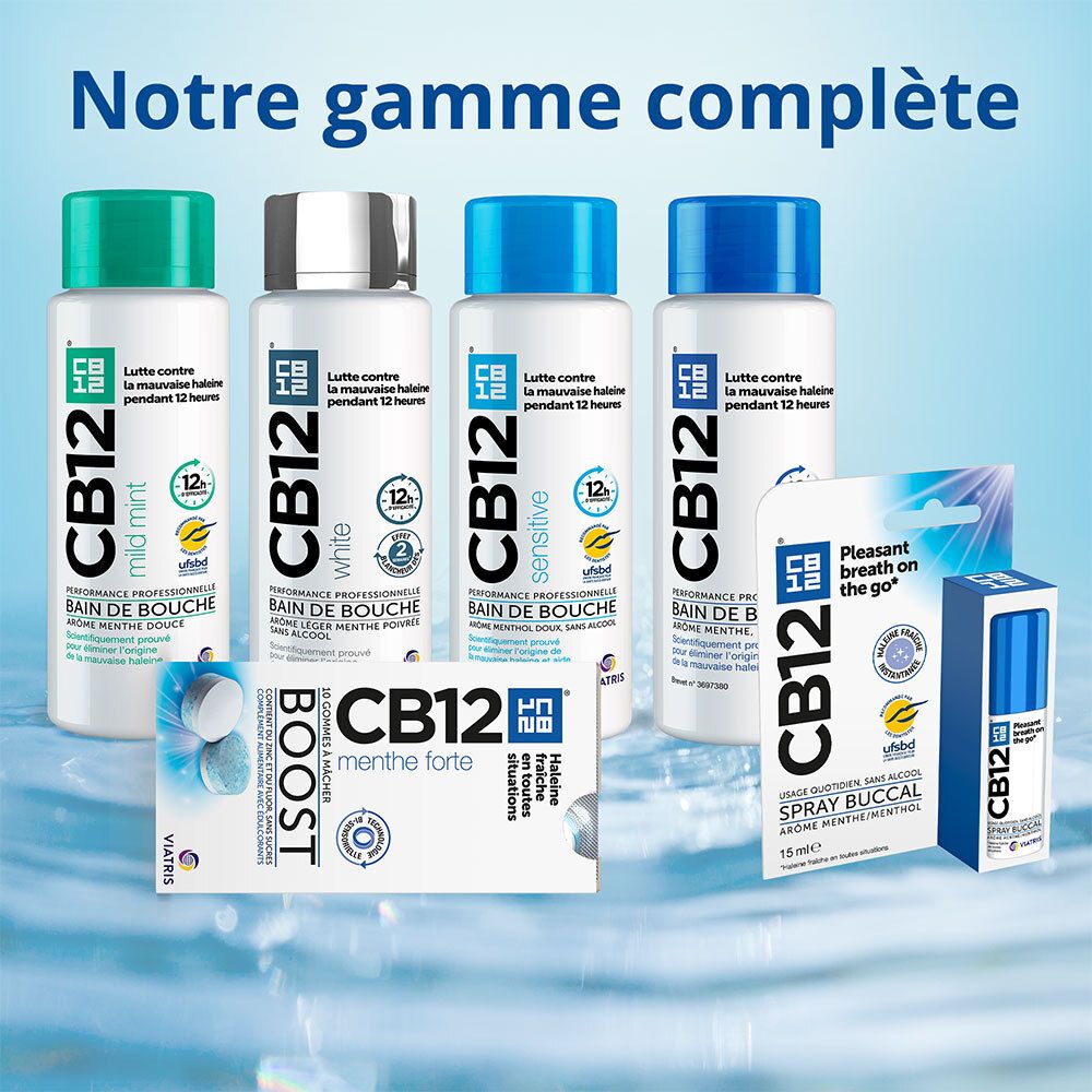 CB12 -White - Bain de bouche - Des dents plus blanches et 12 heures d’haleine fraîche - Sans alcool - Arôme léger de menthe poivrée - 250 ml