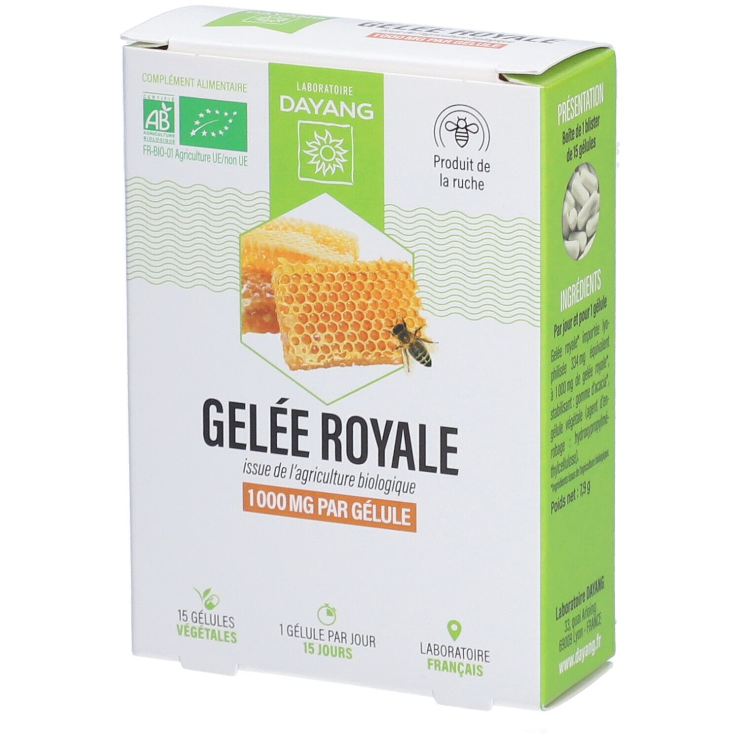 Boîte de Gelée Royale. Logos AB, ruche, abeille. Inscription: 1000 mg par gélule. 15 gélules végétales.