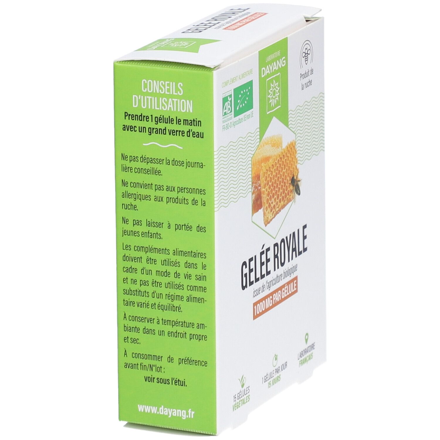 Boîte de Gelée Royale. Logos AB, ruche, abeille. Texte: Gelée Royale, issue de l'agriculture biologique.