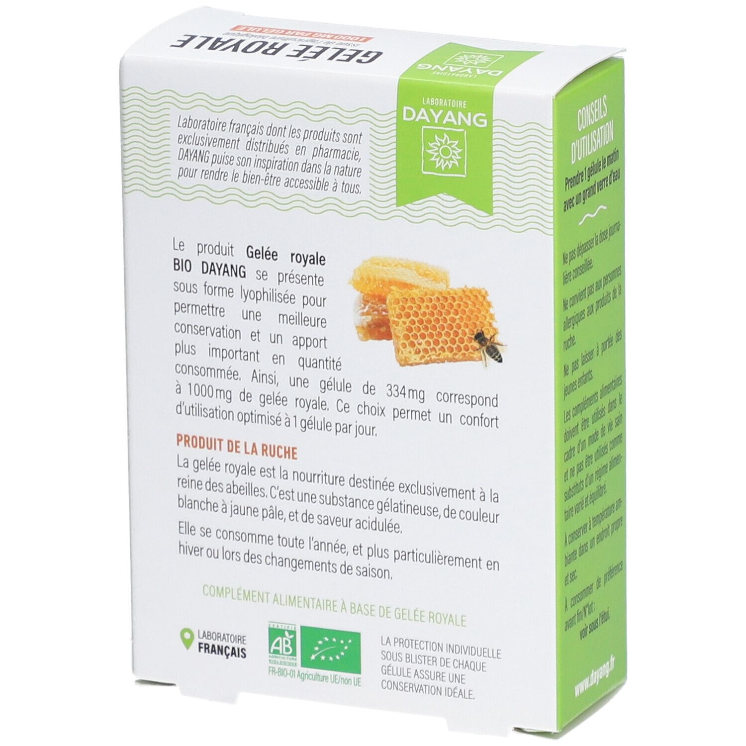 Boîte de Gelée Royale, dos avec texte. Logo AB. Ruche et abeille. Laboratoire français.