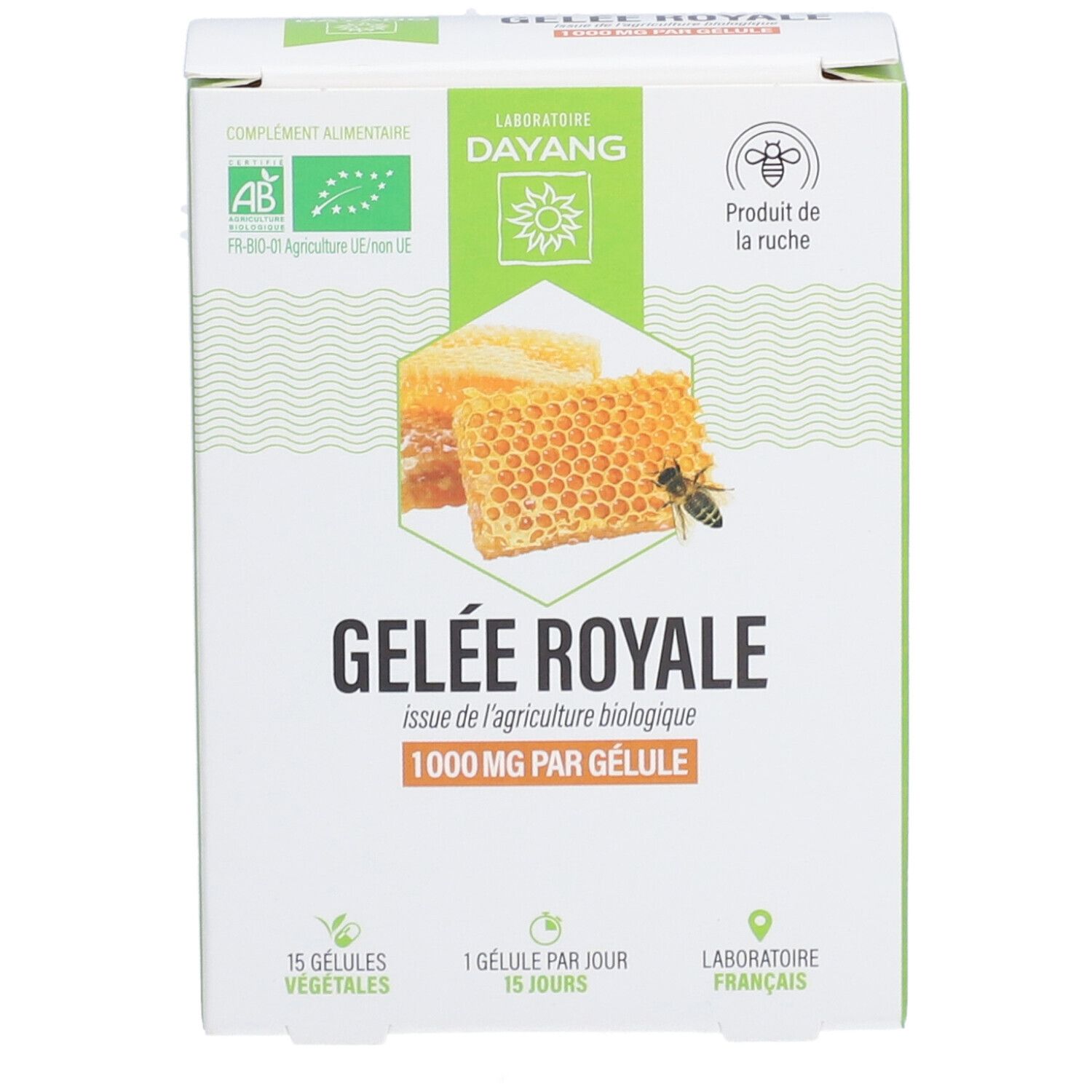 Boîte de Gelée Royale. Logos AB, ruche, abeille. Inscription: 1000 mg par gélule. 15 gélules végétales.