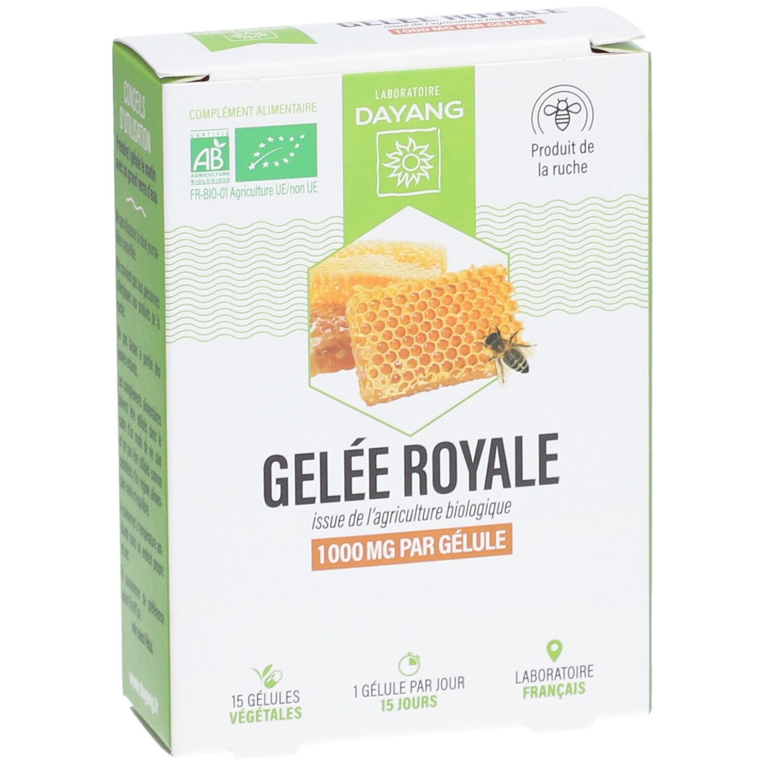 Boîte de Gelée Royale. Logos AB, ruche, abeille. Inscription: 1000 mg par gélule. 15 gélules végétales.
