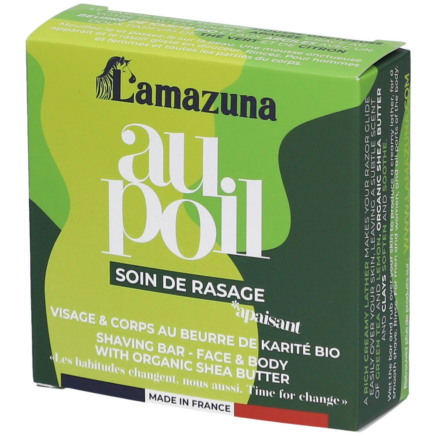 Boîte verte avec le nom du produit "au poil" et logo. Texte en français: "Soin de rasage", "Visage & corps".