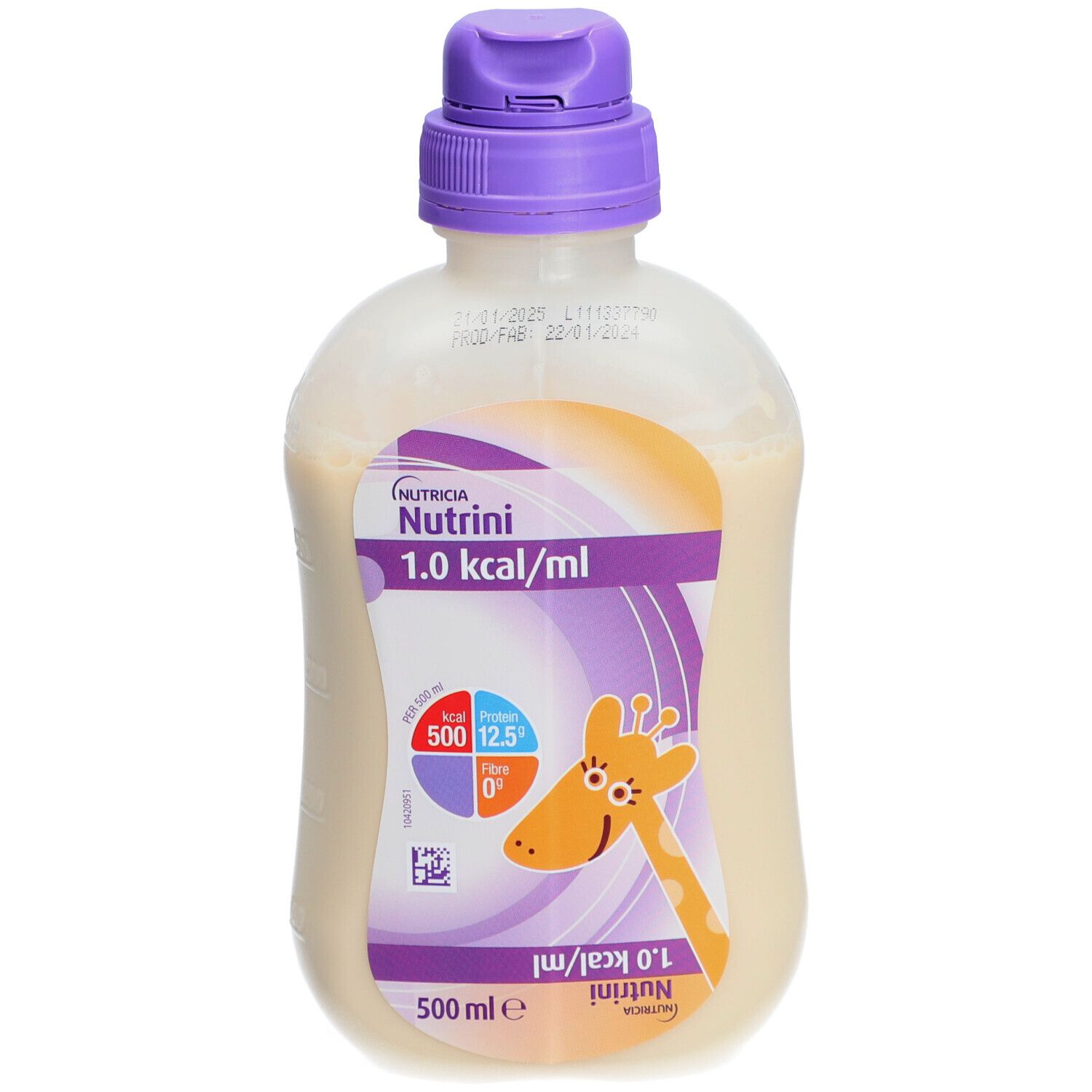 Bouteille Nutricia Nutrini 1.0 kcal/ml. Bouchon violet, étiquette jaune avec girafe et informations nutritionnelles. 500 ml.